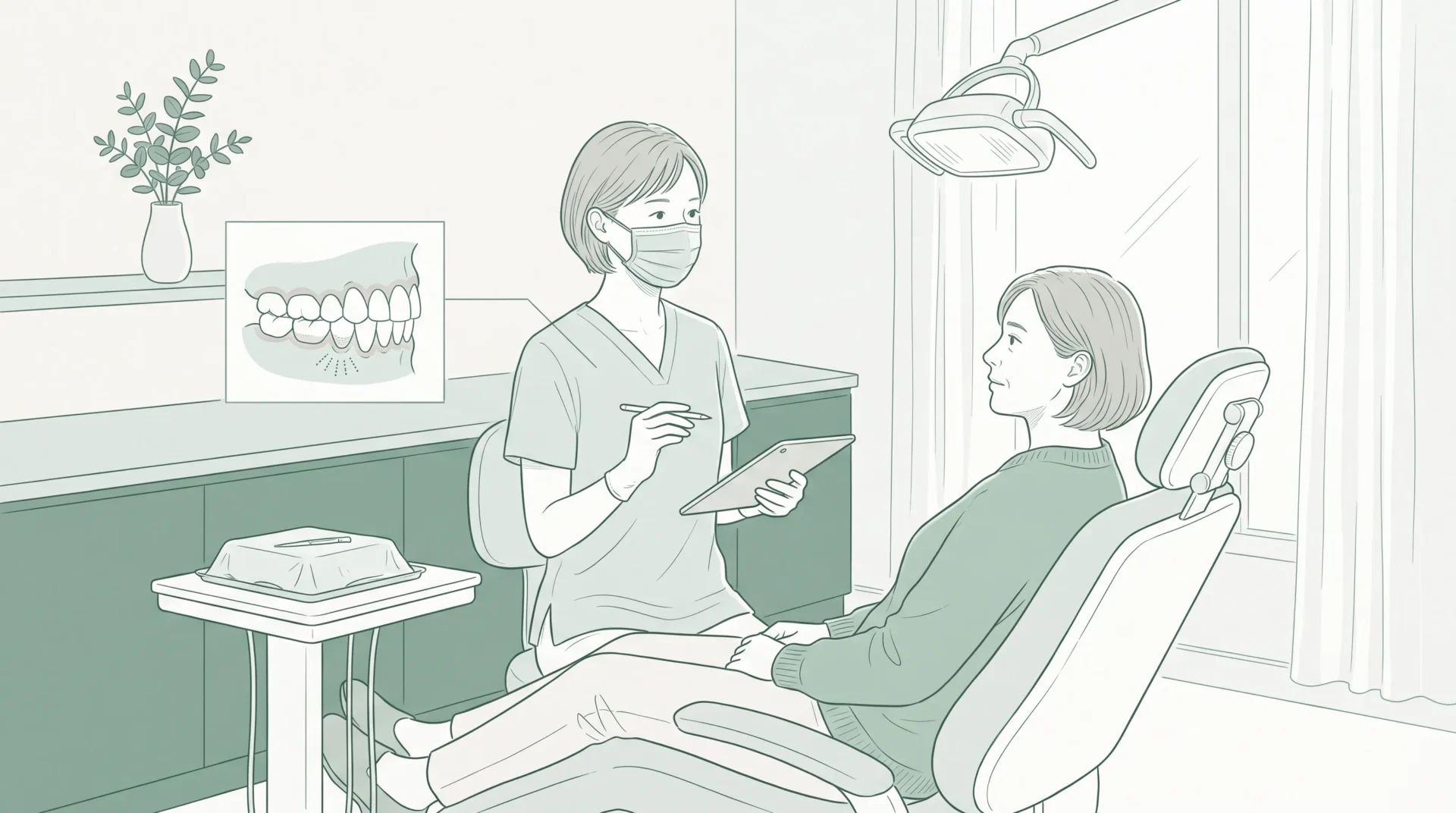A dentist in clinical attire speaks with an adult patient about sensitive teeth, with a small inset of healthy teeth and gums beside the chair.