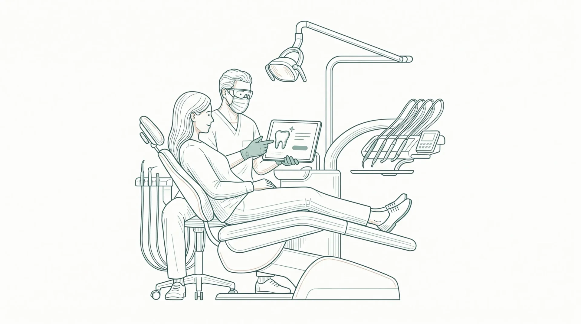 A dentist in gloves, mask and protective eyewear discusses a cleaning offer with a seated adult patient beside a dental chair.
