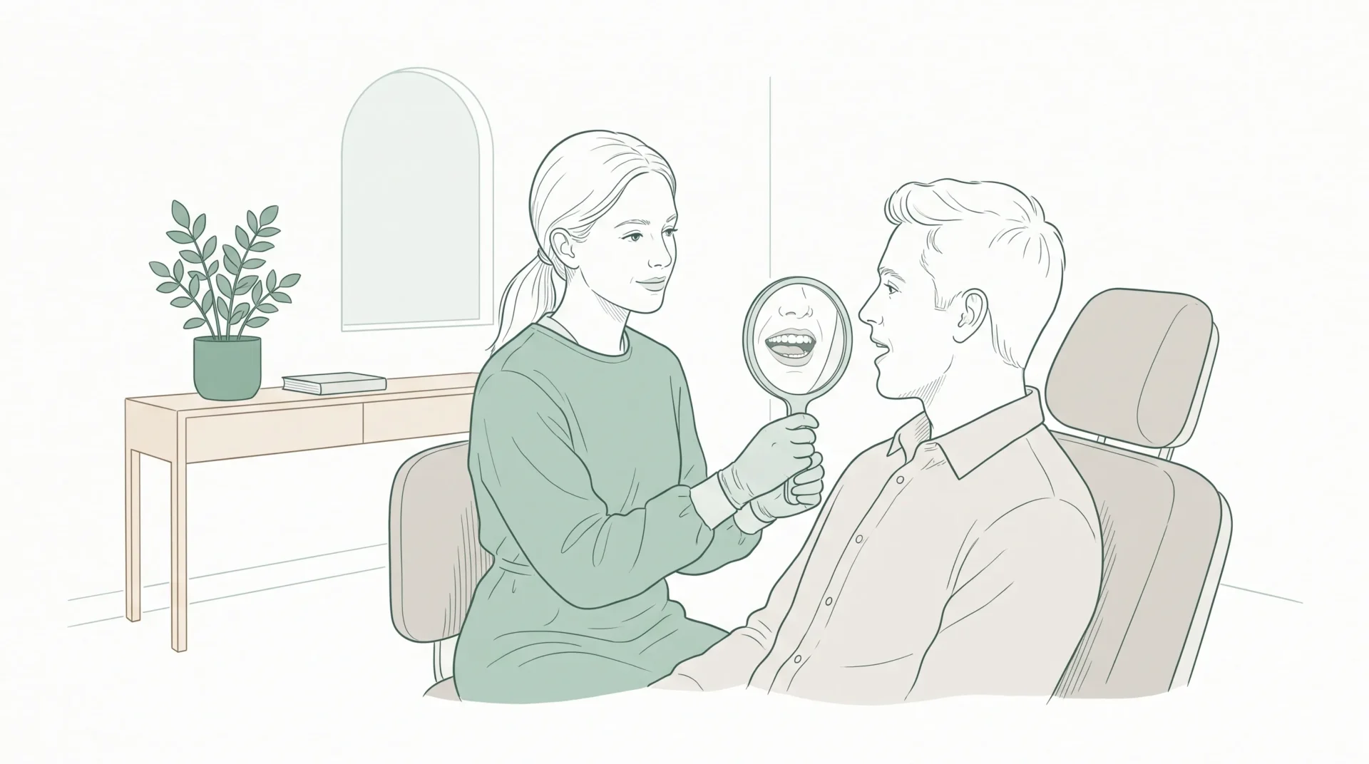 A dentist in gloves sits beside an adult patient in a calm consultation room with a handheld mirror and natural teeth visible.