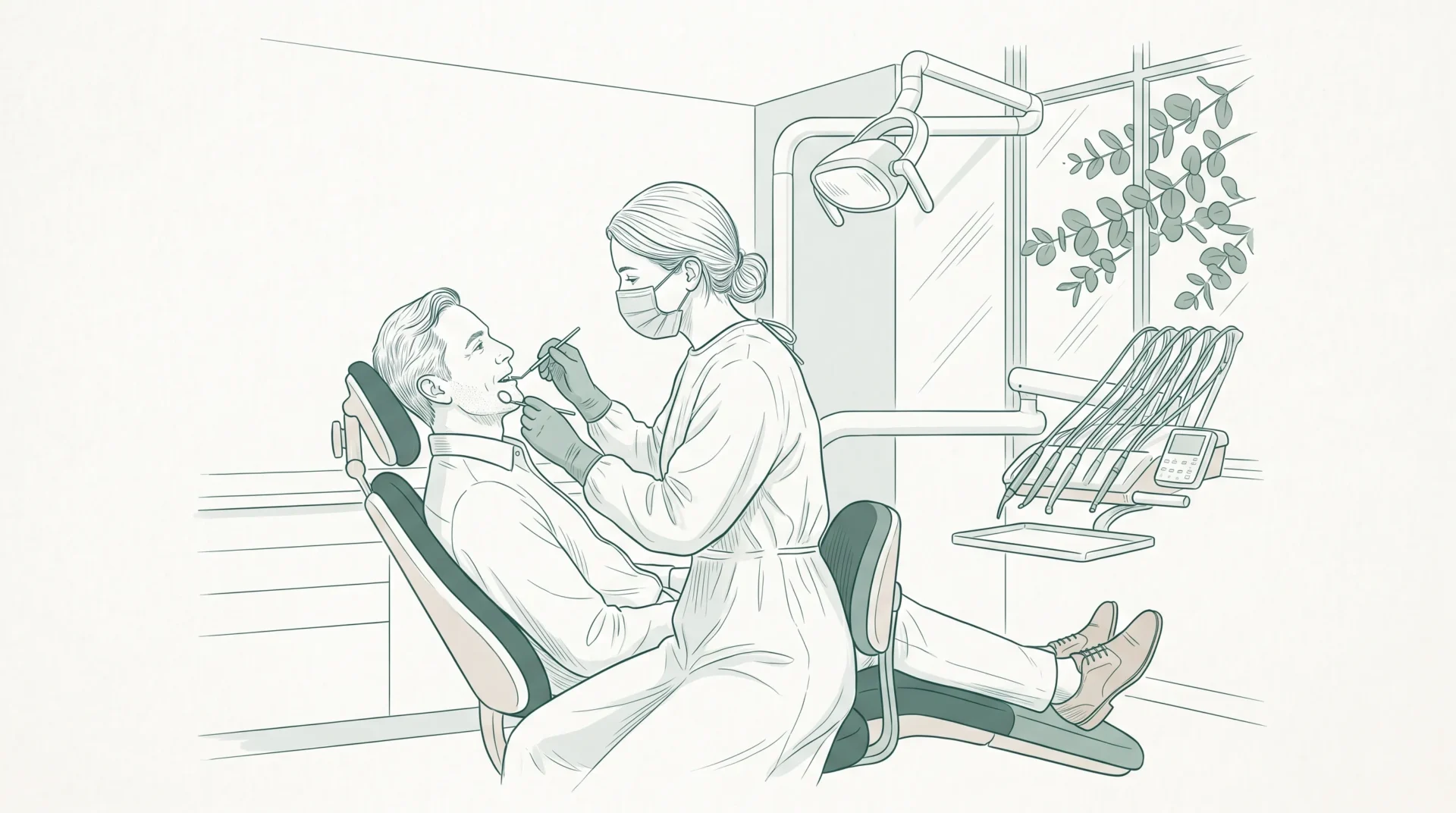 A dentist in PPE gently examines a seated adult patient in a modern treatment room for dental pain.