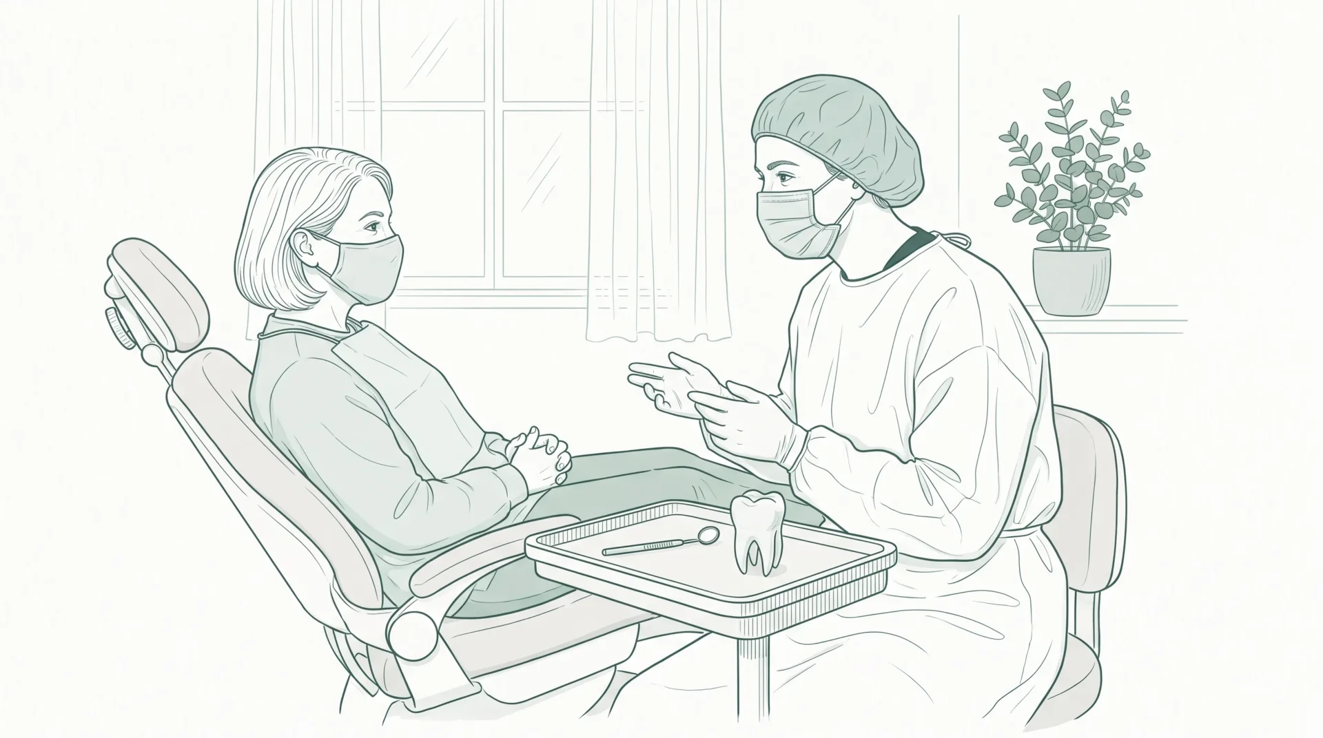 A dentist in PPE speaks with an adult patient in a clean consultation room beside a chair and a tray with a mirror and tooth model.