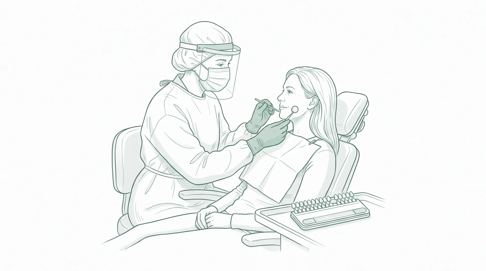 A dentist in proper PPE gently holds a mirror beside an adult patient while a shade guide rests on the tray.