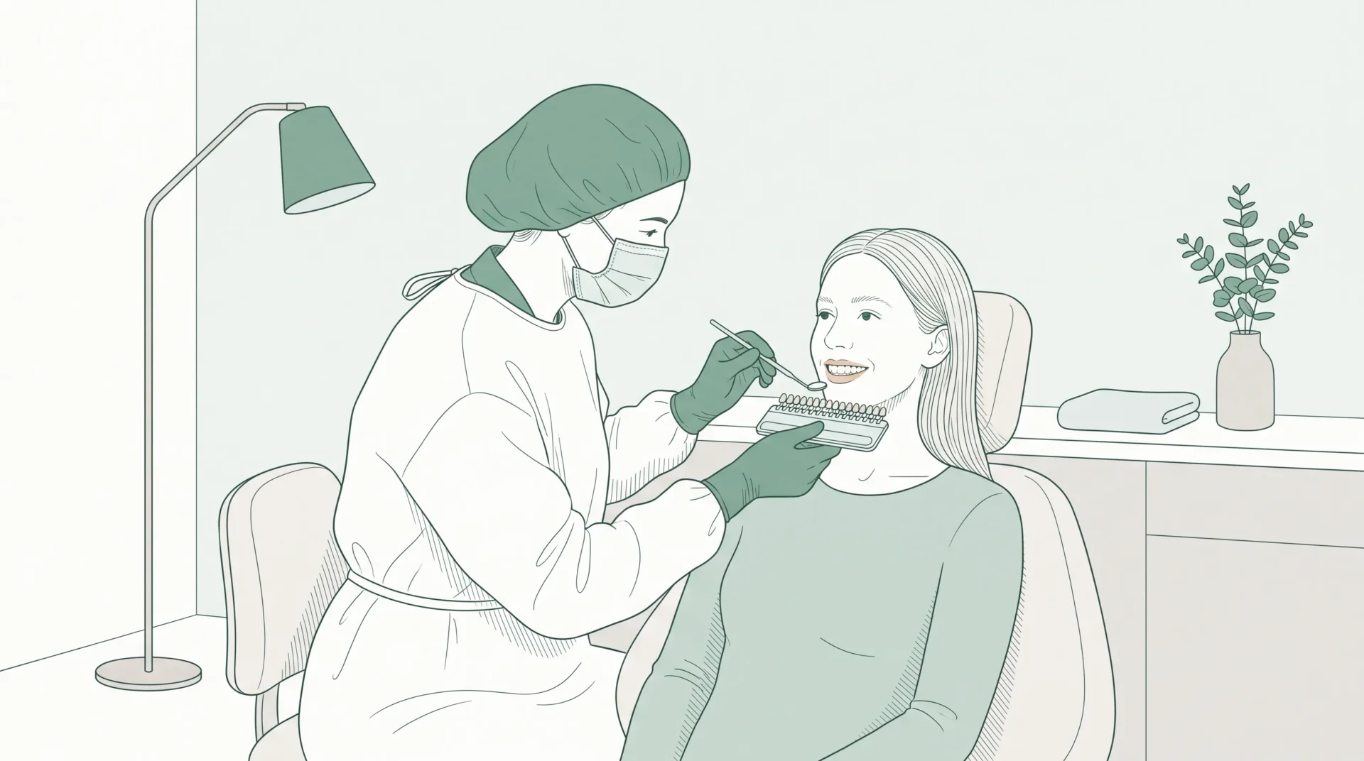 A dentist in protective gear gently assesses a seated patient for teeth whitening in a calm clinic room, with a relaxed smile and natural teeth visible.