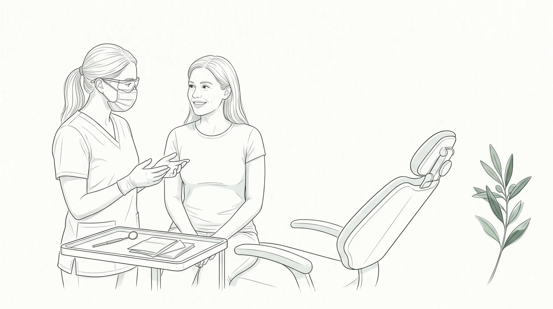 A dentist in protective gear speaks with a patient during a teeth whitening consultation in a calm clinic room.
