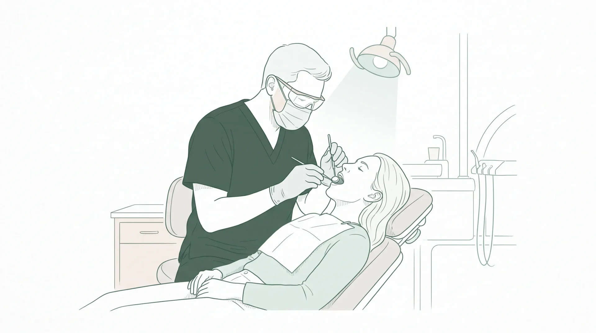 A dentist in scrubs, mask, gloves and protective eyewear examines an adult patient in the chair with a mirror during a calm check-up.