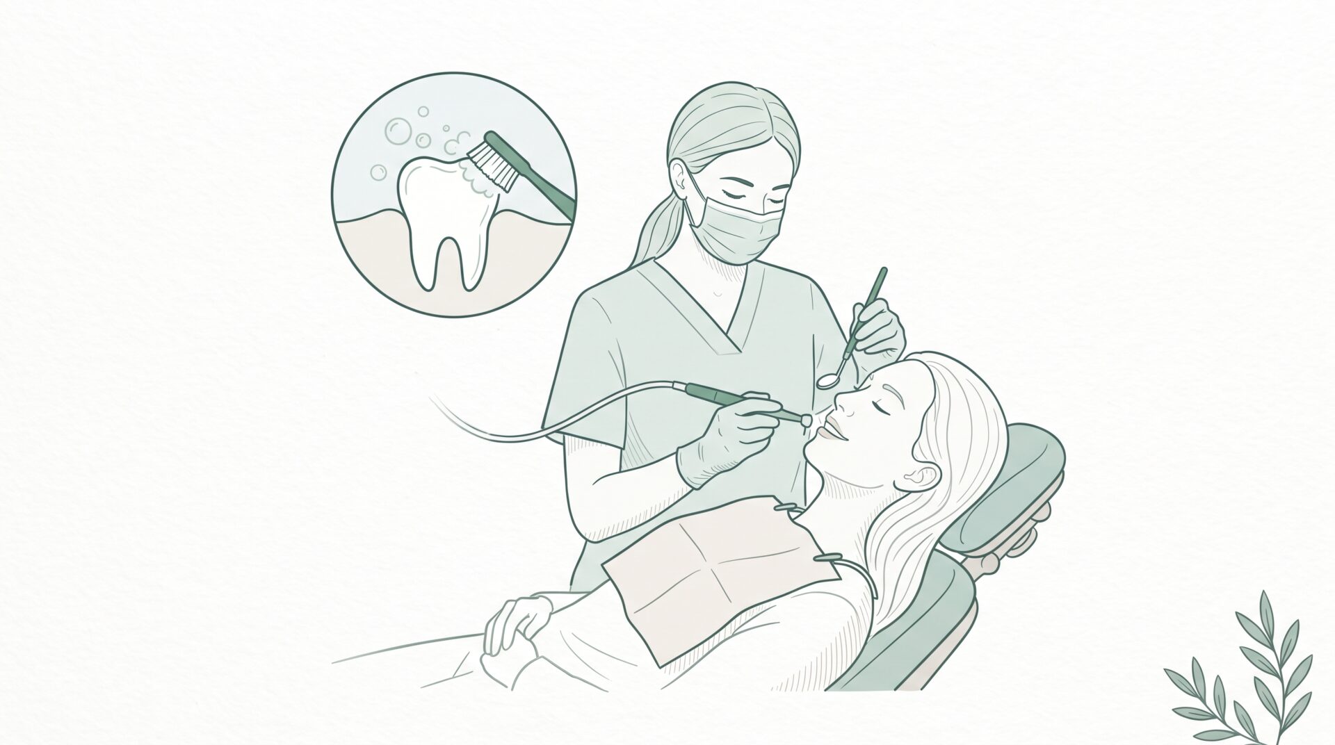 A dentist in scrubs, mask, gloves and protective eyewear cleans an adult patient’s teeth with a mirror and scaler in the chair.