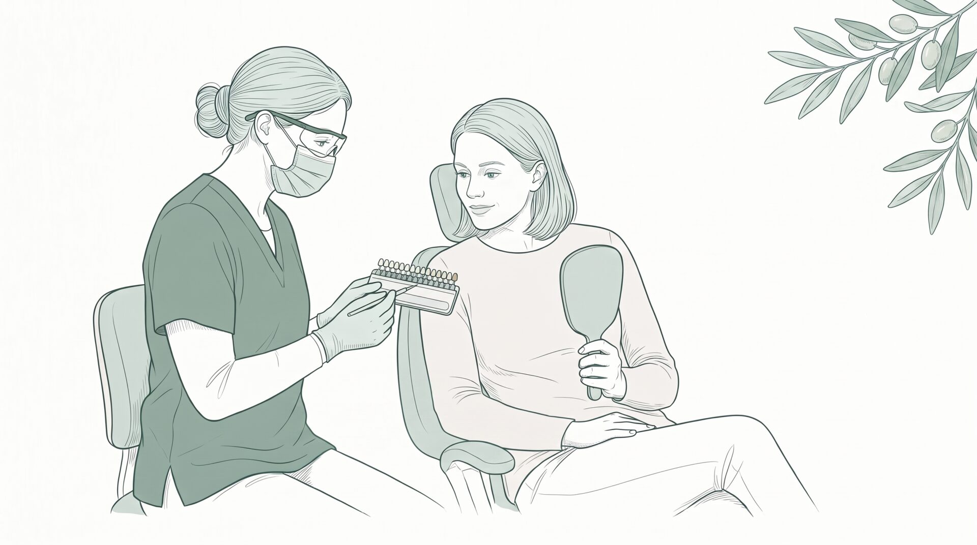 A dentist shows a shade guide to a seated patient while she holds a hand mirror, with olive branches in the corner for cosmetic dentistry in Melbourne.