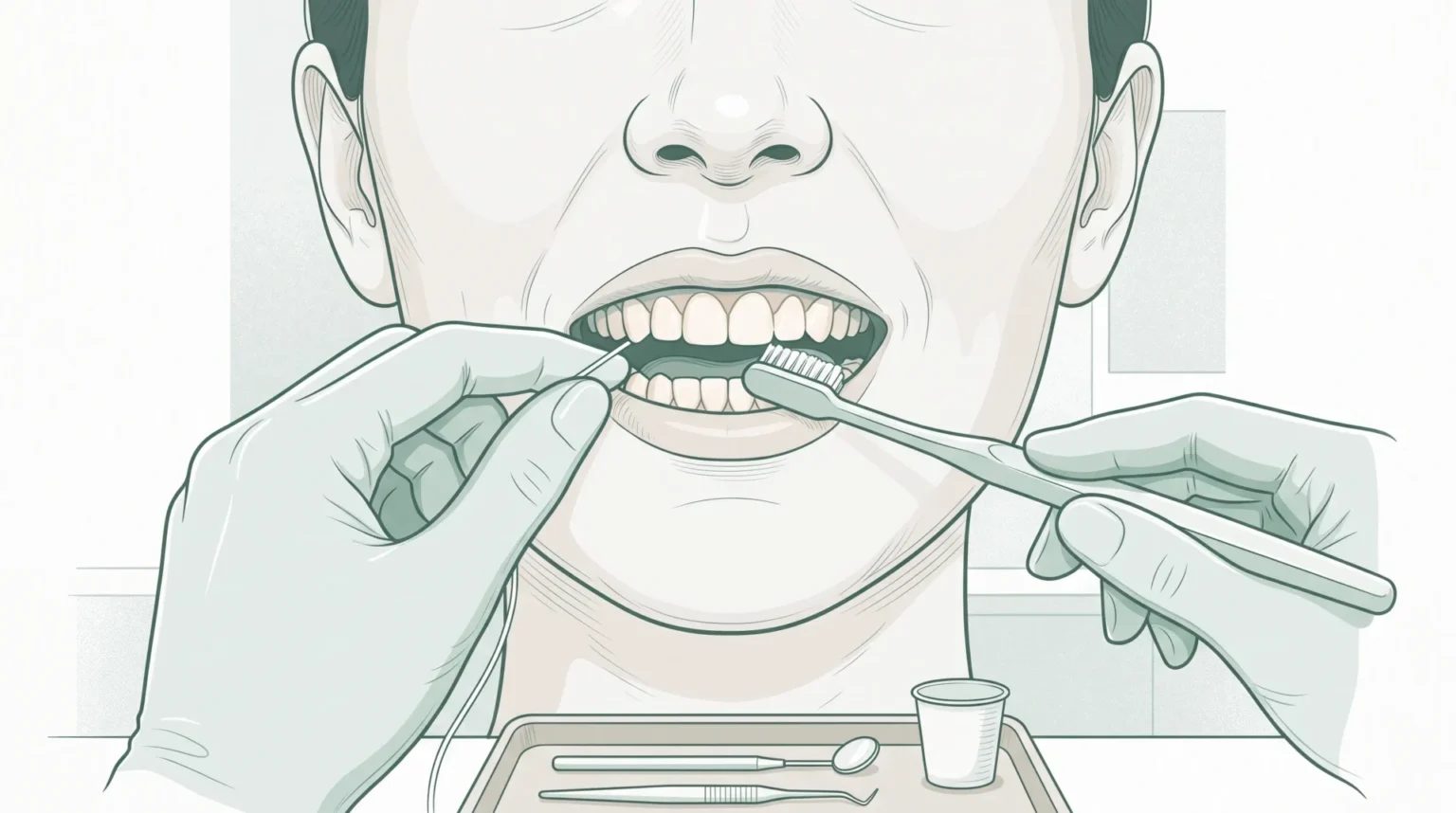 A dentist shows an adult patient how to clean along the gumline with a toothbrush and floss during a check-up visit.
