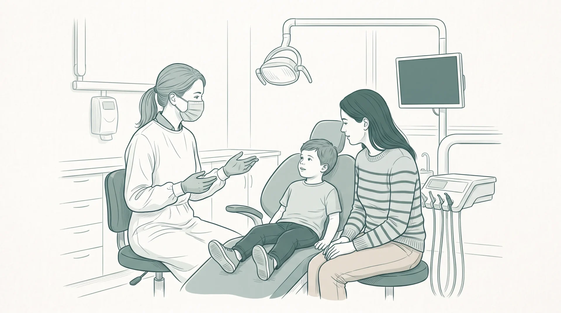 A dentist speaks gently with a parent and child in a tidy surgery during a family consultation.