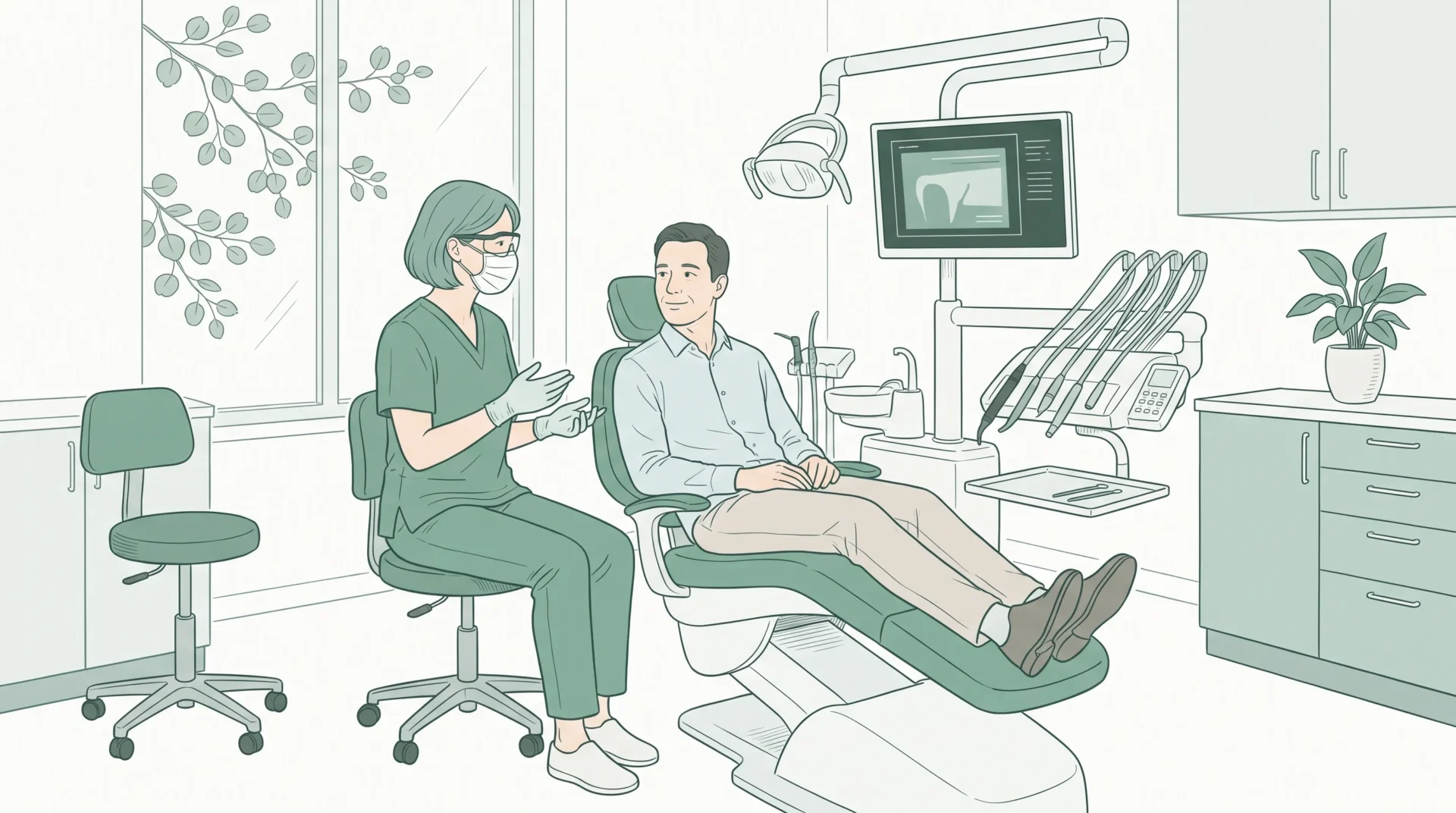 A dentist top rated by patients talks calmly with an adult patient in a modern treatment room, with the dentist in mask, gloves and protective eyewear.