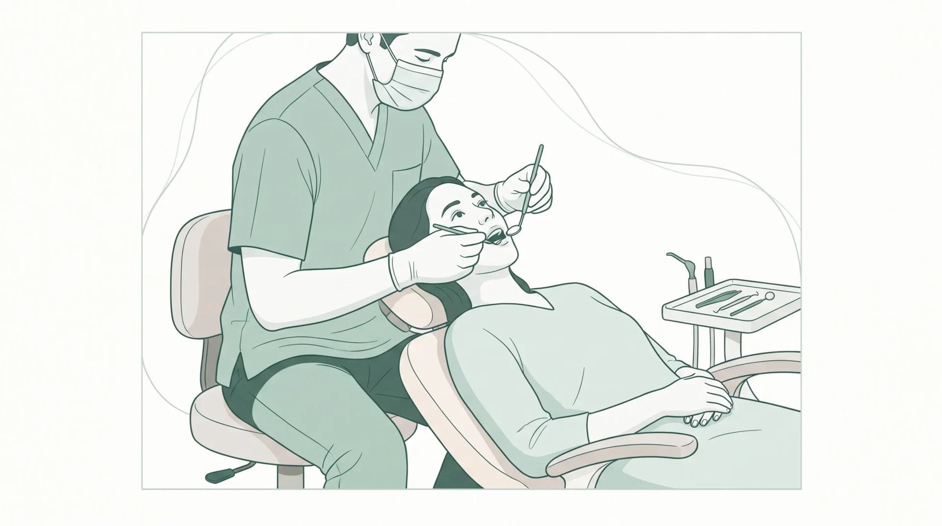 A dentist uses a mirror and probe during a careful dental examination in a treatment room.