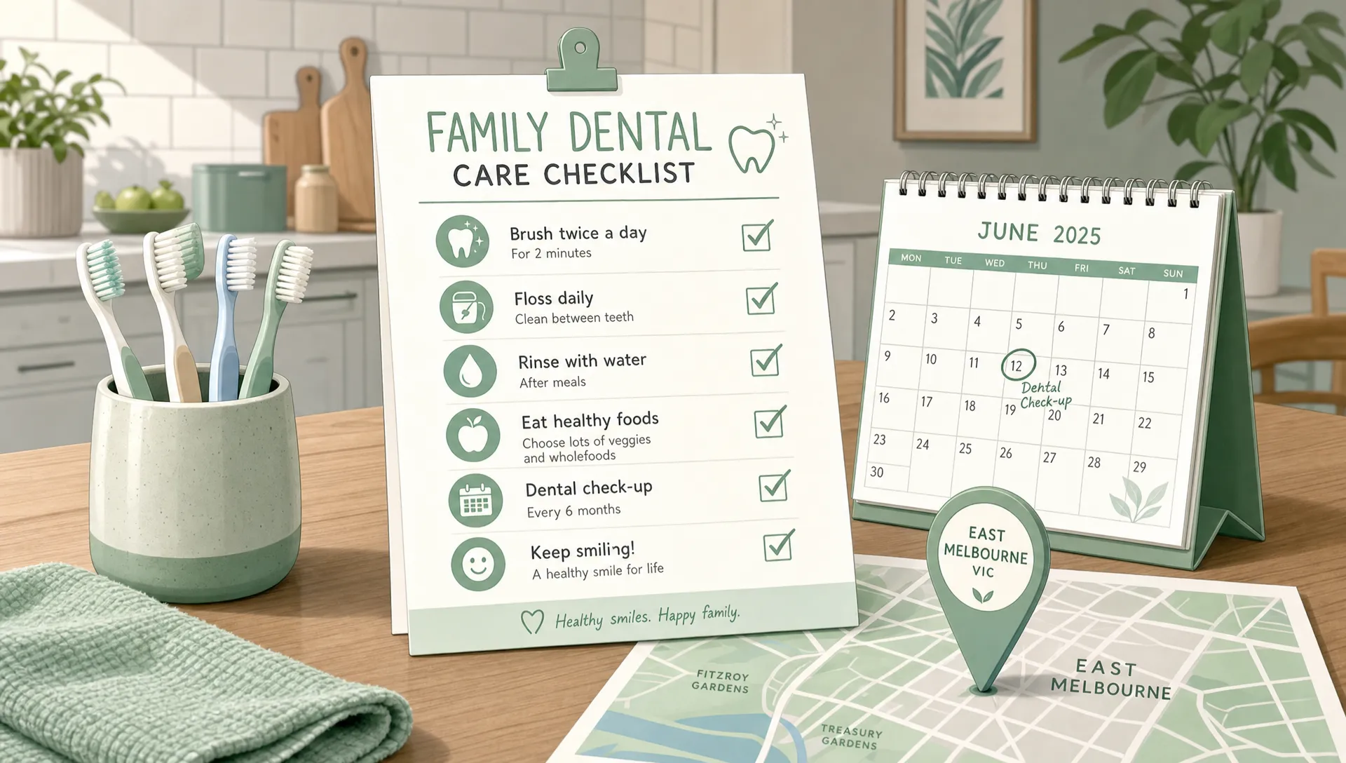 A family dental care checklist on a kitchen table with toothbrushes, a calendar and a map marker for East Melbourne.