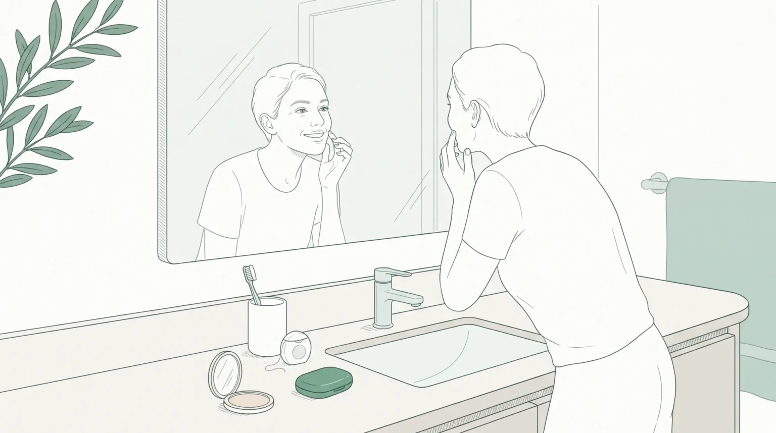 A home bathroom vanity holds dental care items beside an adult checking their smile in the mirror.