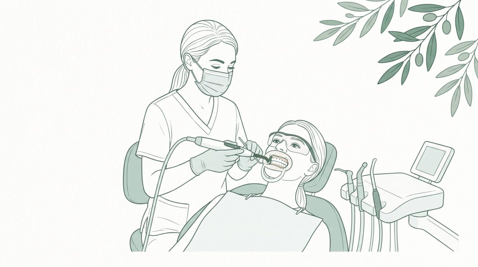 A masked dentist treats a reclined patient’s teeth in a dental chair, with protective eyewear and whitening equipment beside them.