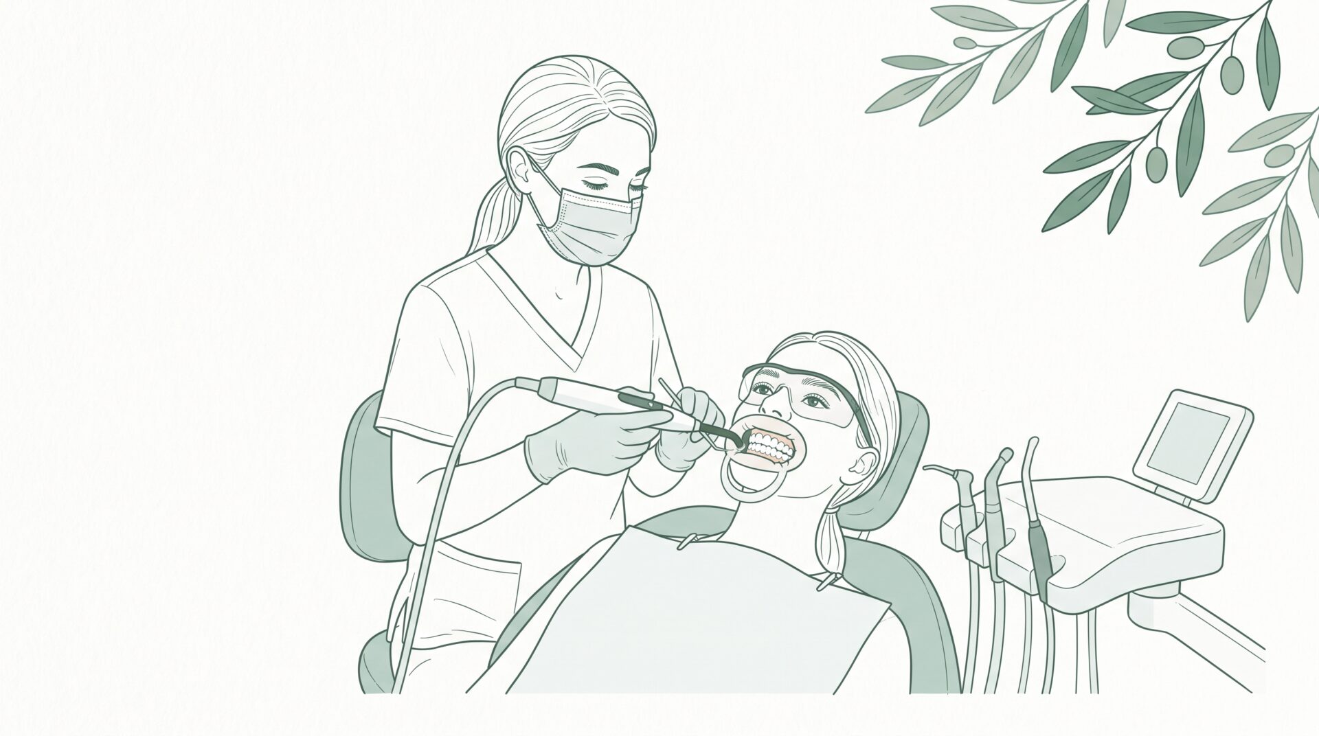 A masked dentist treats a reclined patient’s teeth in a dental chair, with protective eyewear and whitening equipment beside them.