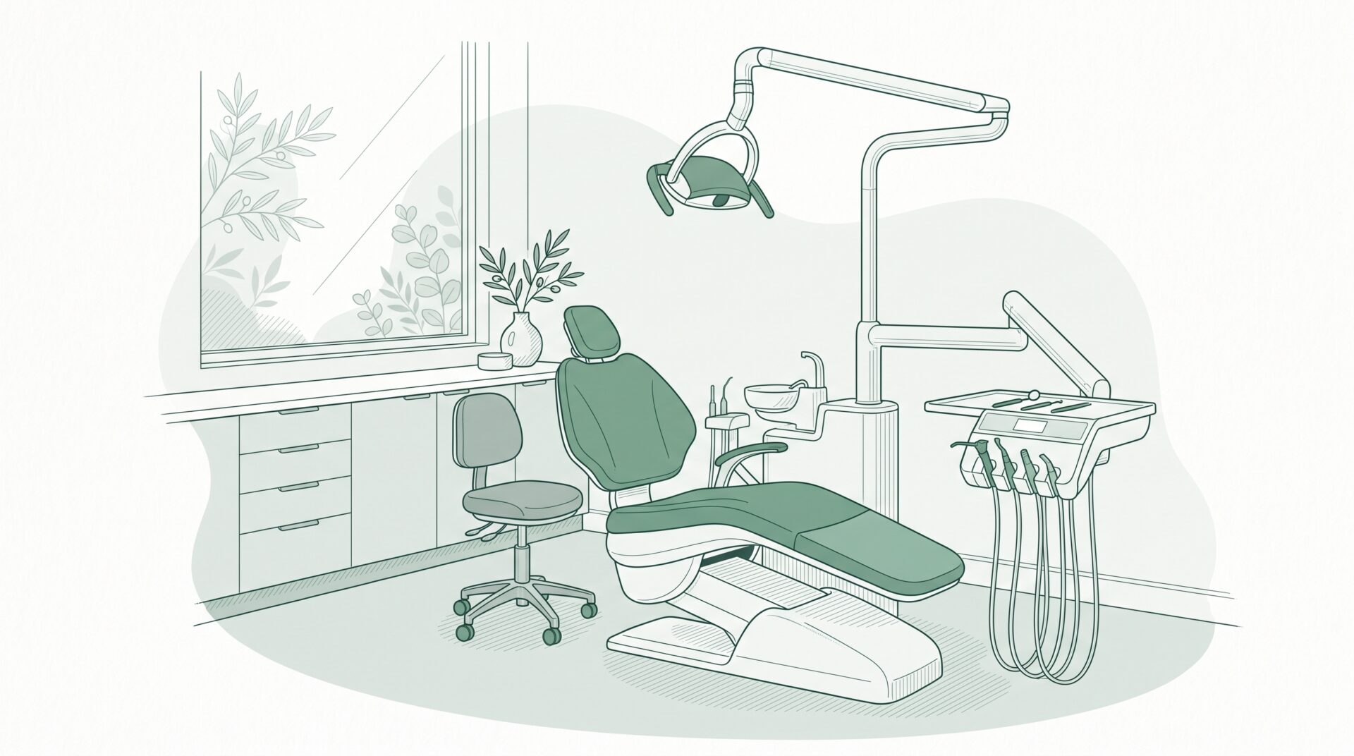 A minimalist dental surgery room with a treatment chair, overhead light, instruments, cabinets, and olive branch accents.