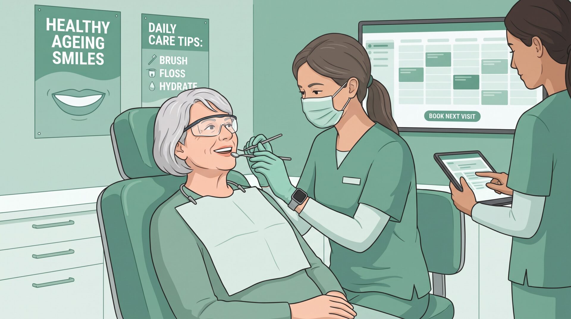 A multi-generational family sitting together in a calm dental clinic waiting area, with adults, a child, and an older patient in a welcoming space that suggests comfortable care for every age.