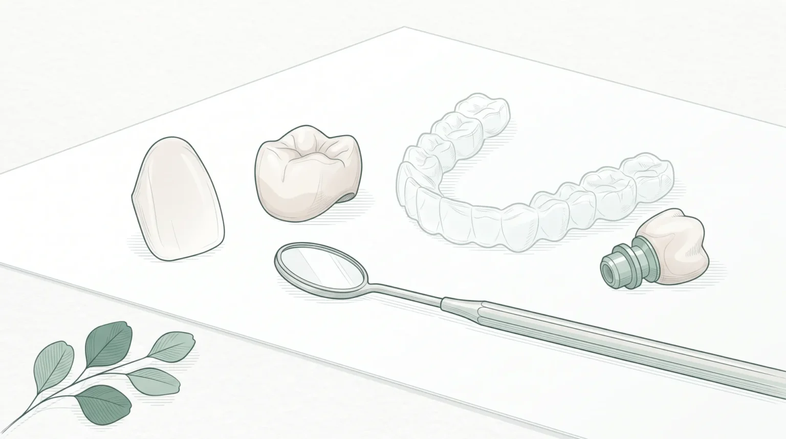 A neat tabletop arrangement of a veneer shell, crown, aligner and implant crown for cosmetic planning.