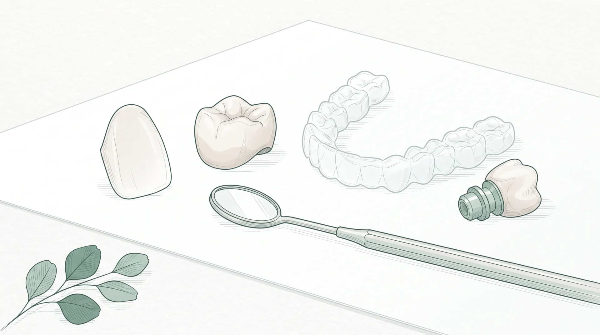A neat tabletop arrangement of a veneer shell, crown, aligner and implant crown for cosmetic planning.