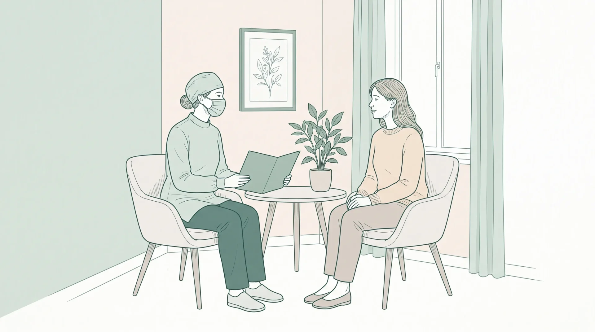 A patient and dental professional talk calmly at eye level beside a blank care plan in a consultation room.