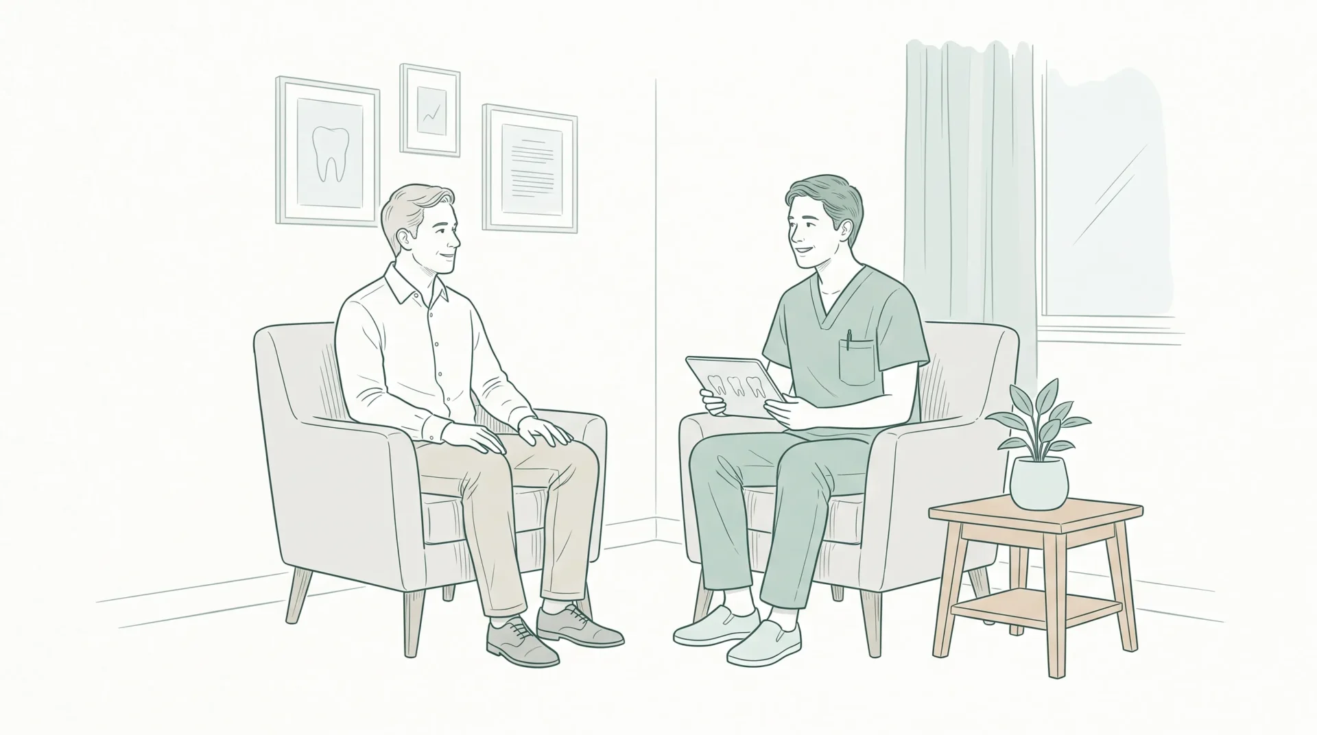 A patient and dentist discuss cosmetic dental options in a calm consulting room, seated facing each other with relaxed expressions and a simple side table nearby.
