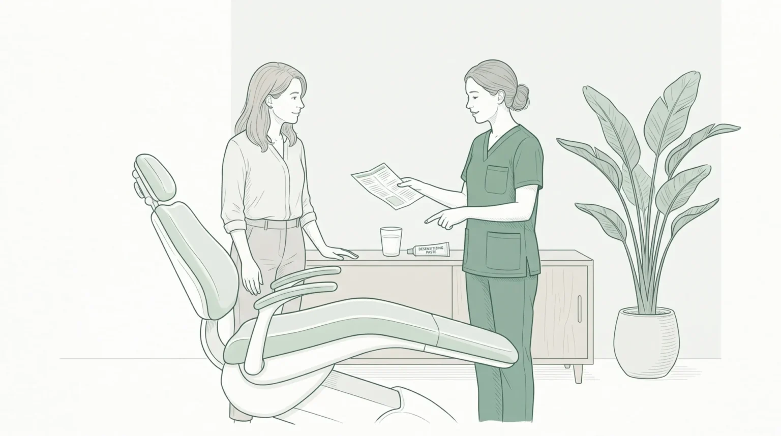 A patient receives whitening aftercare advice beside a dental chair and a small tube of toothpaste.