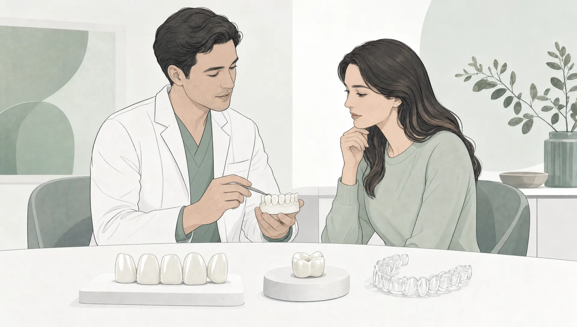 A premium editorial vector illustration of a calm cosmetic dentistry consultation, with a dentist and adult patient seated beside a simple arrangement of porcelain veneers, a ceramic crown and a clear aligner on a white surface. The composition uses generous negative space, fine charcoal linework, soft warm grey shapes, restrained sage green accents and clinically refined dental forms without text, labels or logos. Matte premium editorial vector illustration with clean minimal shapes, fine charcoal linework, subtle layered depth, restrained sage green accents, and a palette of #FFFFFF, #EEF1EF, #DCE6E0, #8FB3A0, #5F7C71 and #2F3A36.