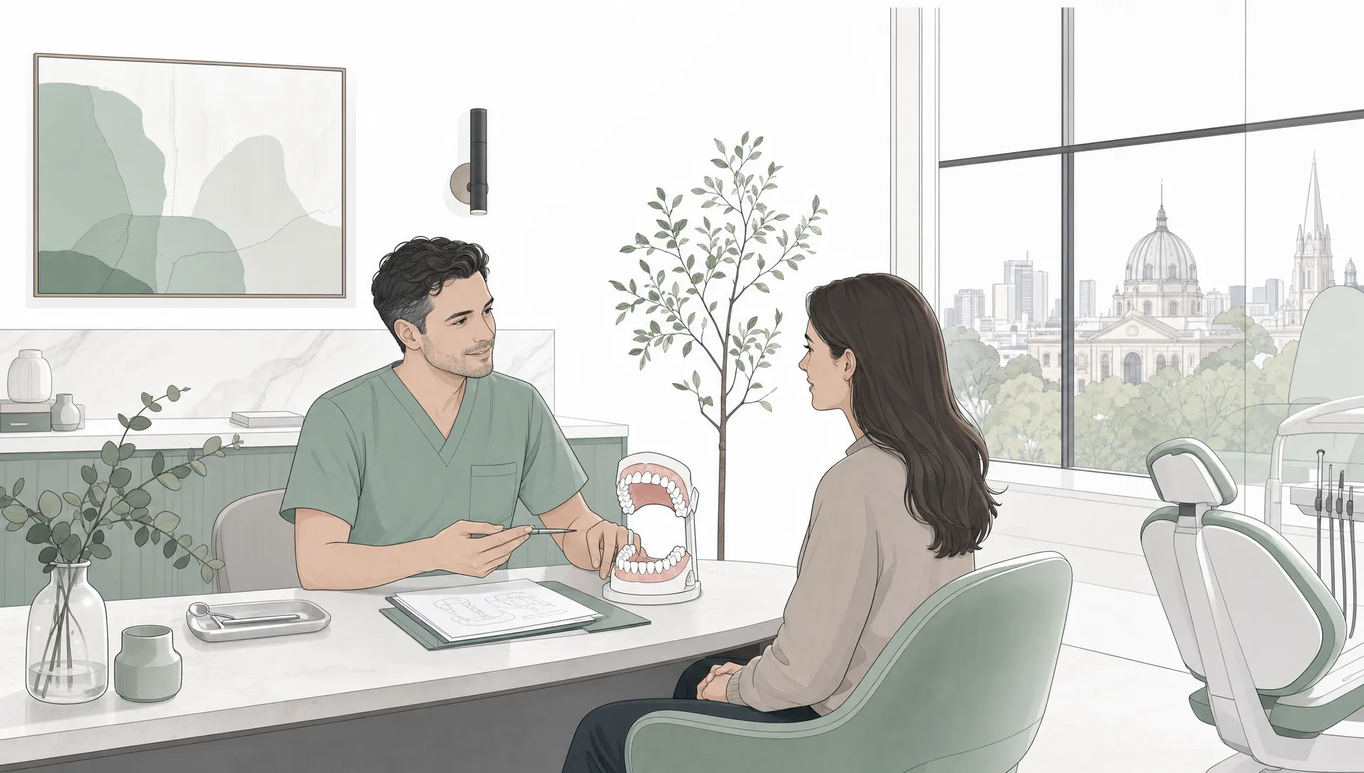 A premium landscape editorial vector illustration of a calm dental consultation in East Melbourne, with a dentist and adult patient seated in a spacious room beside a simplified dental arch model and treatment notes, using generous white space, soft grey shapes, restrained sage accents and fine charcoal linework, with no text or logos.
