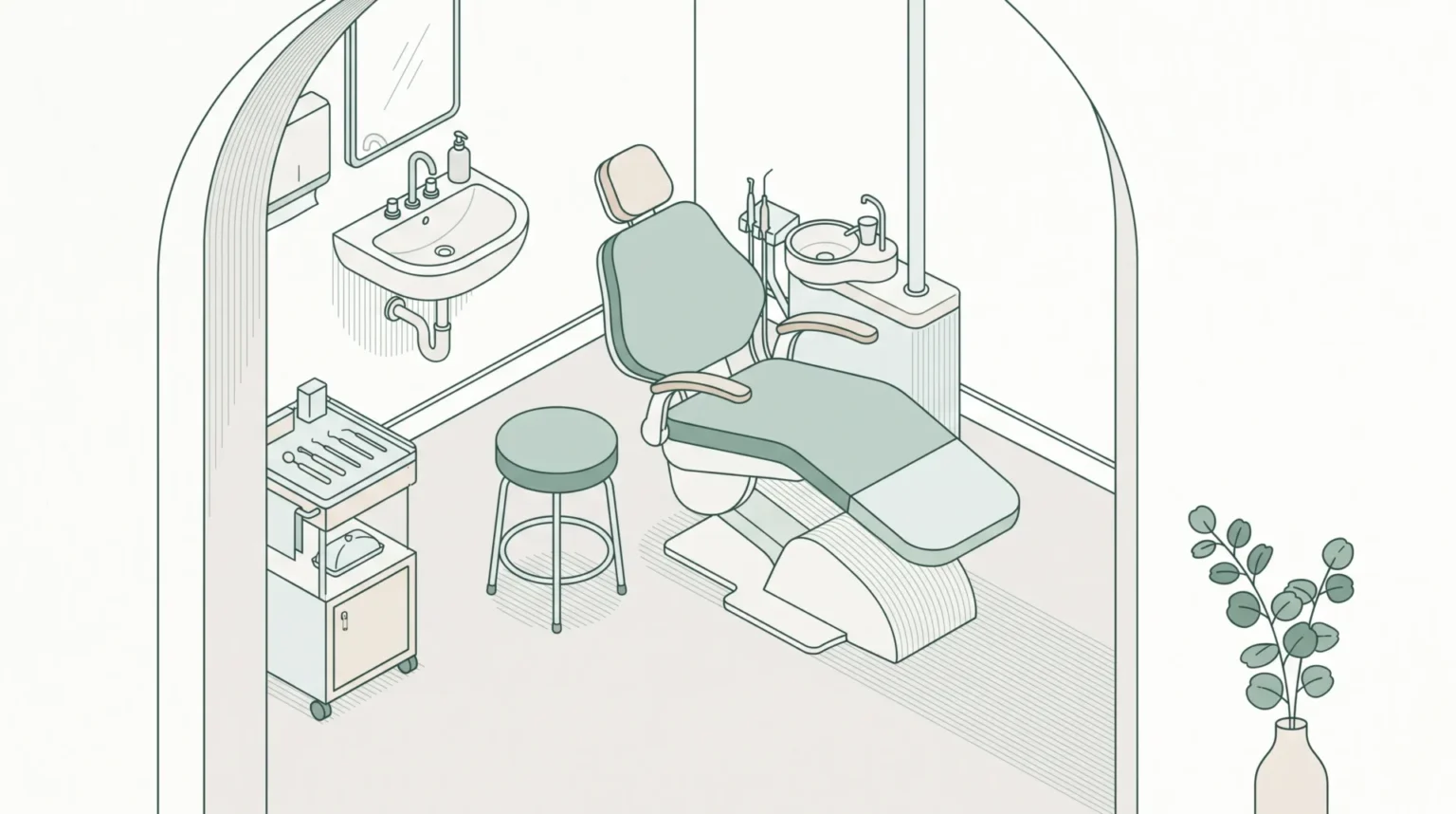 A quiet dental treatment room is set up for a routine clean and check-up.