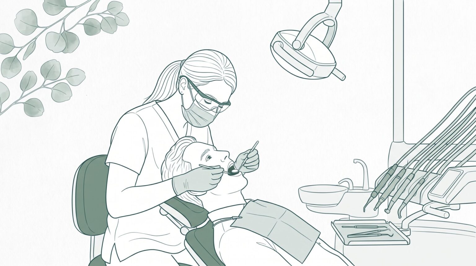 A reclined patient receives a dental check-up while a dentist examines a sore tooth with a mirror.