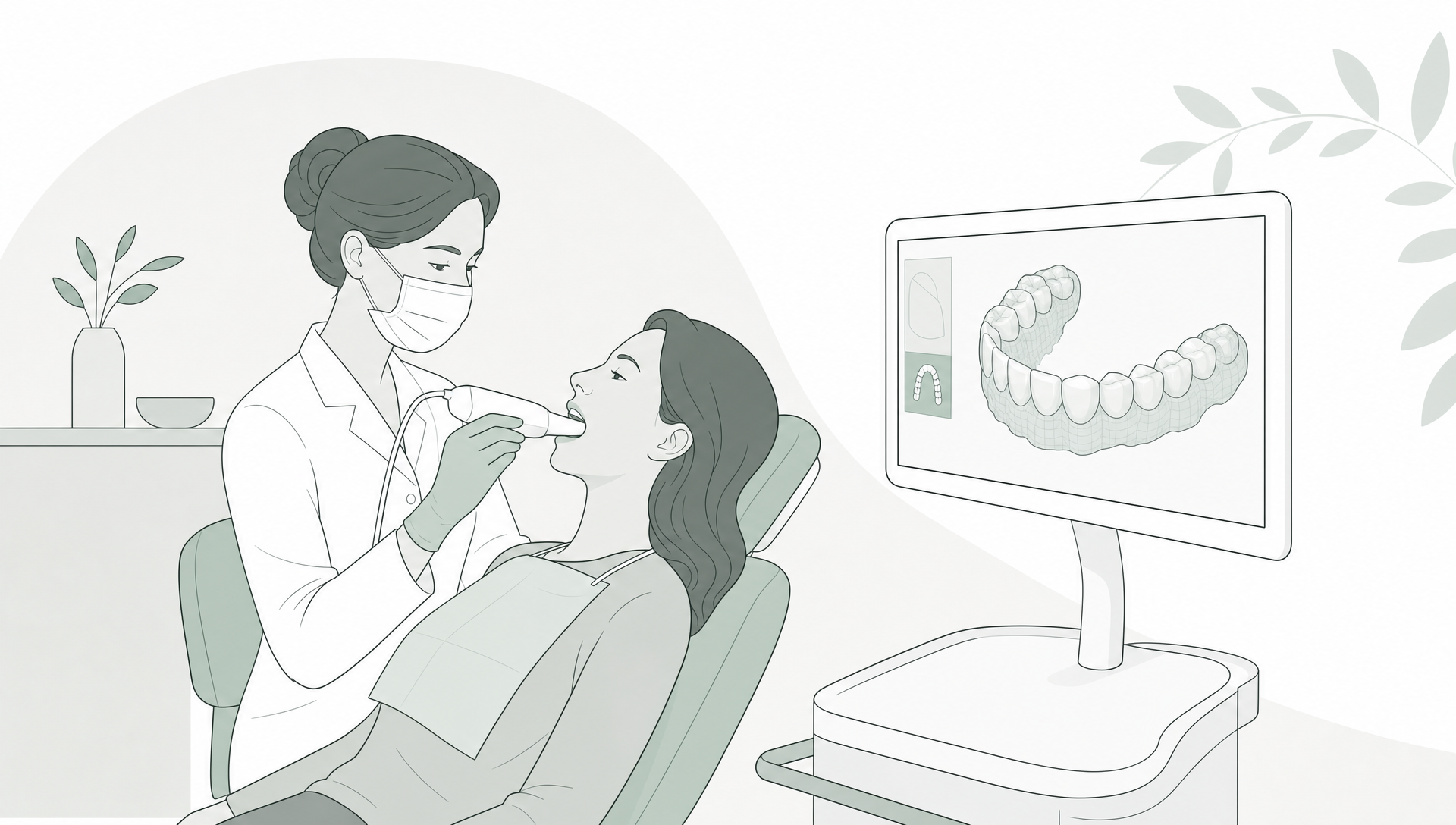 A relaxed adult patient in a dental chair while a dentist explains a small intraoral camera and tooth image concept.