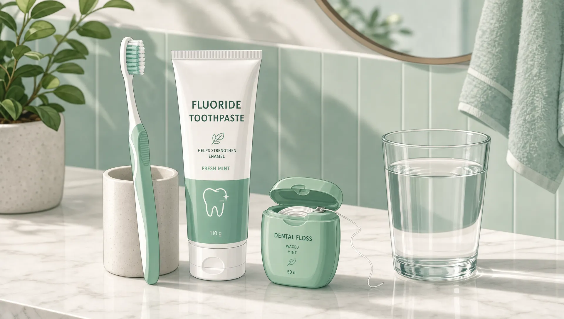 A simple daily oral care kit on a bathroom counter, with a toothbrush, fluoride toothpaste, dental floss and a glass of water neatly arranged.