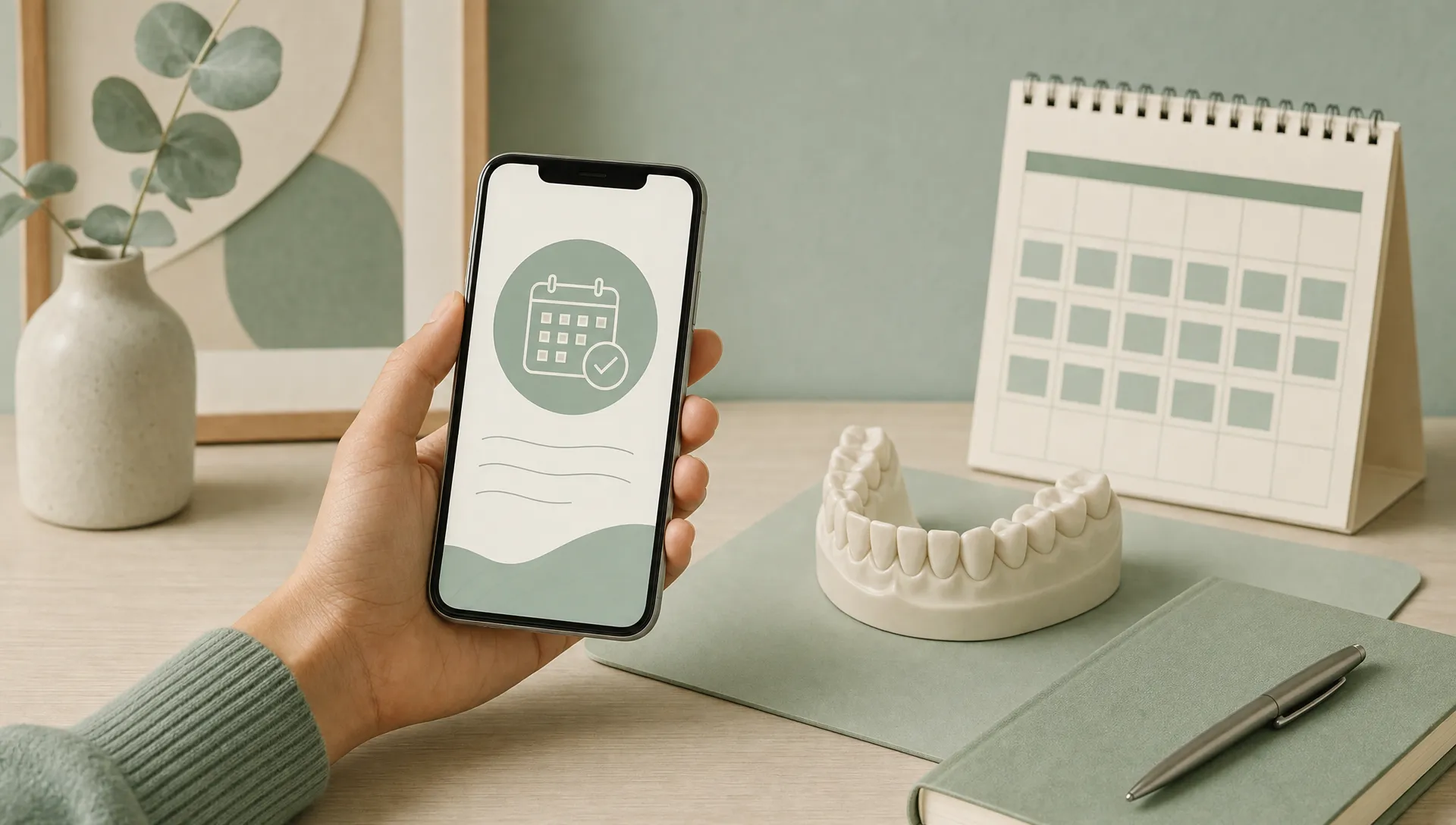 A smartphone appointment request sits beside a simplified dental arch and calendar shapes, showing calm online dental booking.