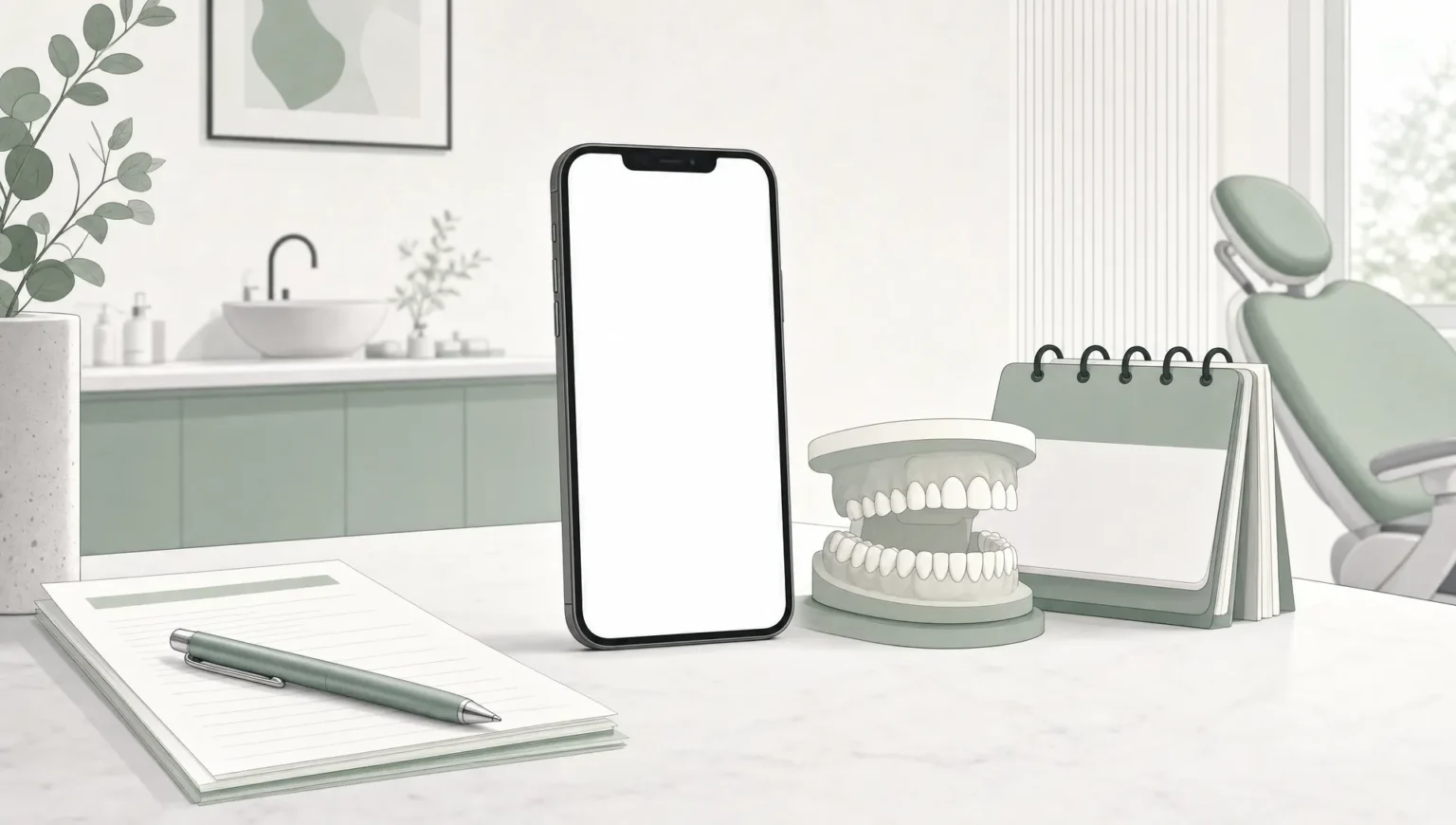 A smartphone sits beside a dental arch and calendar shapes, suggesting an online dentist appointment booking.