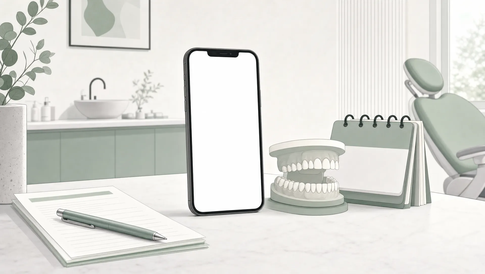 A smartphone sits beside a dental arch and calendar shapes, suggesting an online dentist appointment booking.