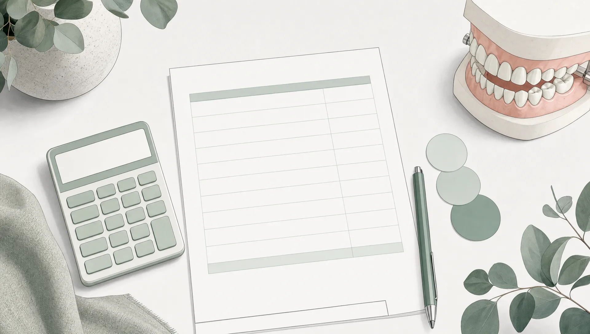 A tabletop arrangement shows a tooth model, a blank estimate sheet and grouped circles suggesting dental payment planning.