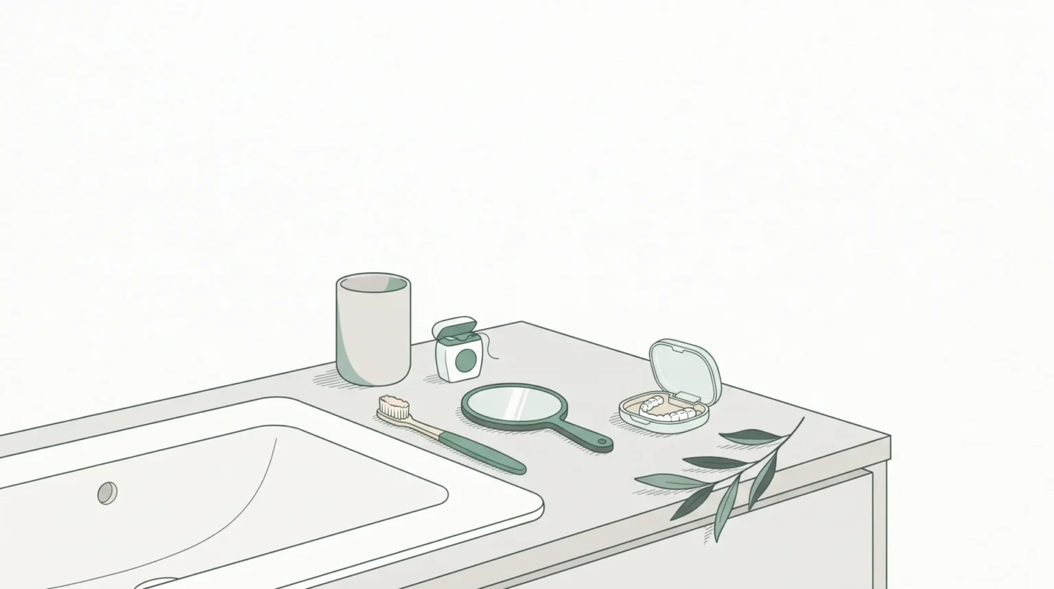 A tidy bathroom vanity shows a toothbrush, floss and clear aligner case in everyday cosmetic care.