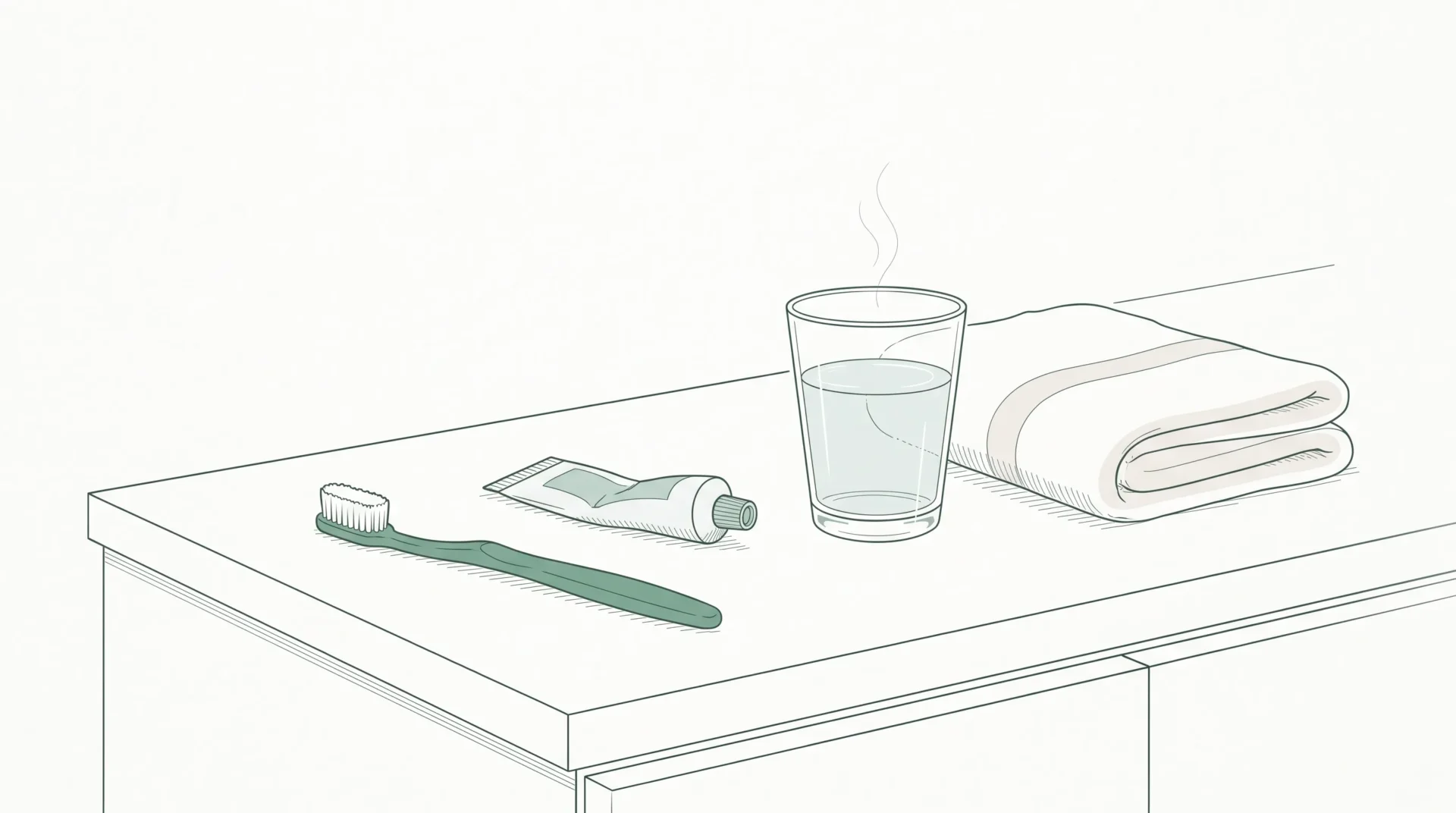 A toothbrush, desensitising toothpaste and a glass of lukewarm water arranged for relief after whitening sensitivity.