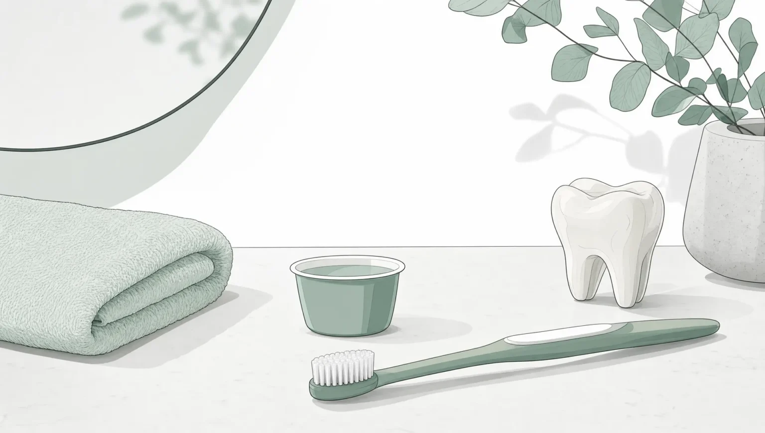 A toothbrush, fluoride cup and tooth form sit together as a preventive dental care set.