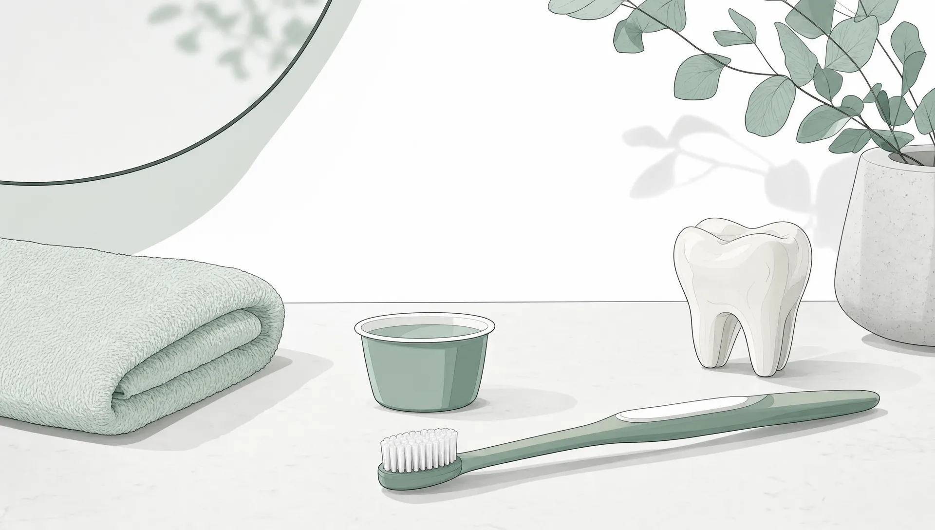 A toothbrush, fluoride cup and tooth form sit together as a preventive dental care set.