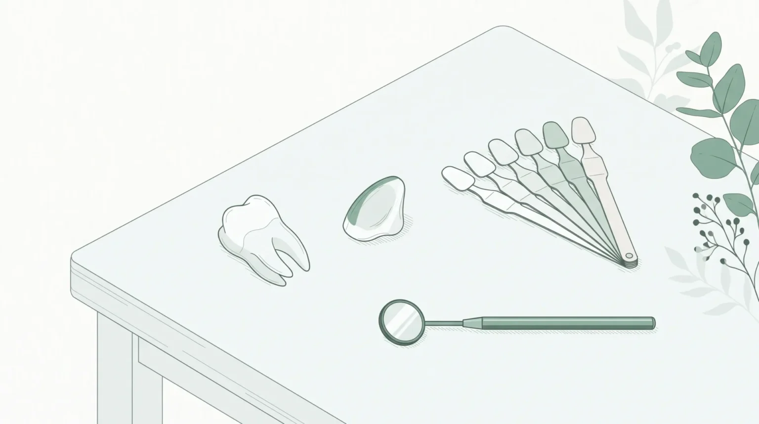 A veneer shell, tooth model and shade guide sit on a consultation table for treatment planning.