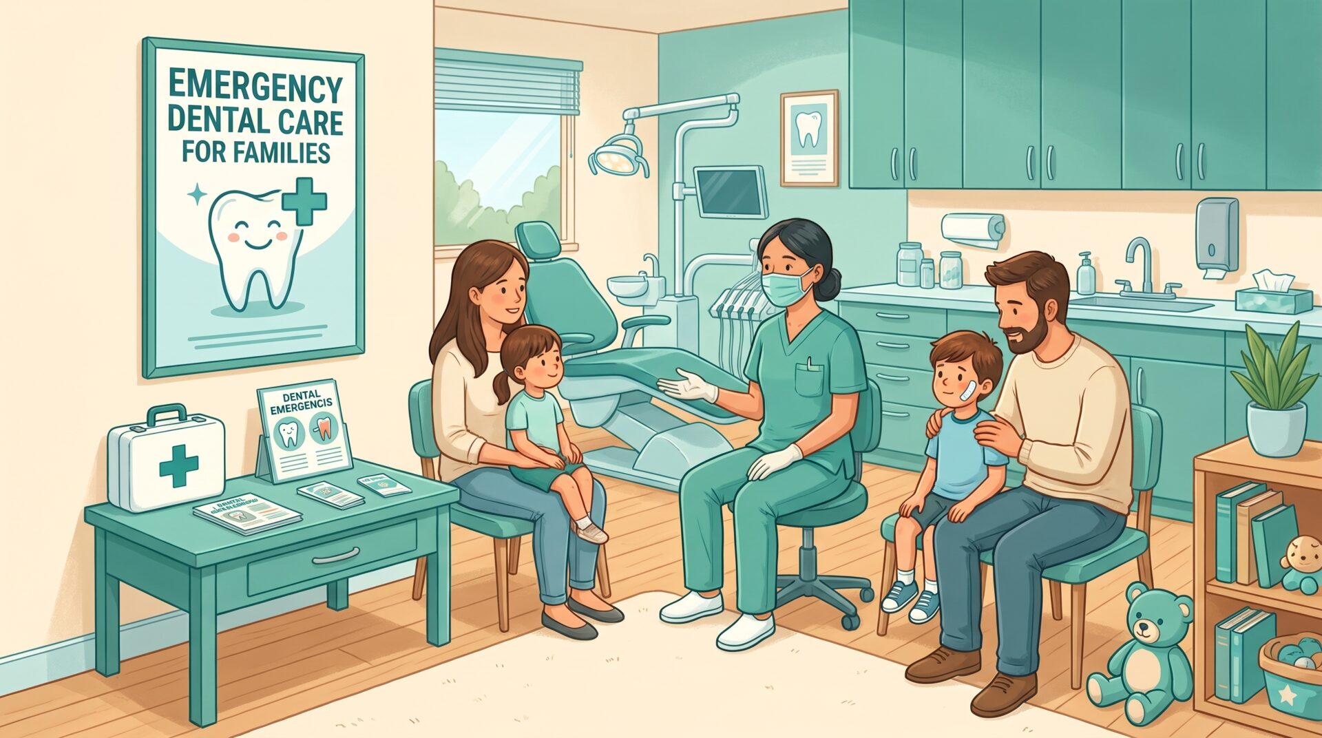 A welcoming dental treatment room prepared for a family appointment, with a dental chair, clean instruments and child-friendly oral hygiene items arranged neatly on a side table.