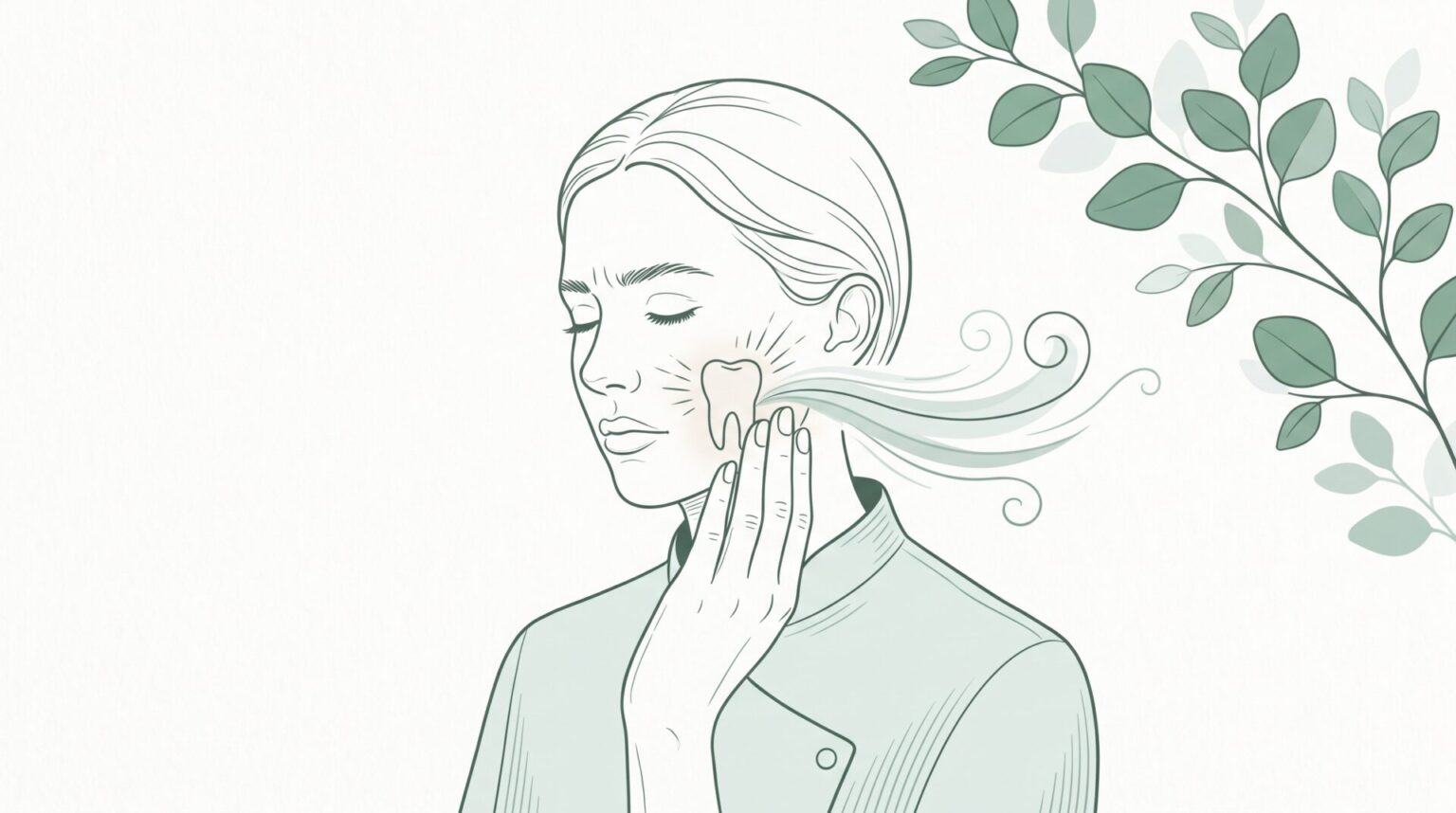 A woman presses her cheek beside a tooth to show toothache, with eucalyptus leaves beside her.