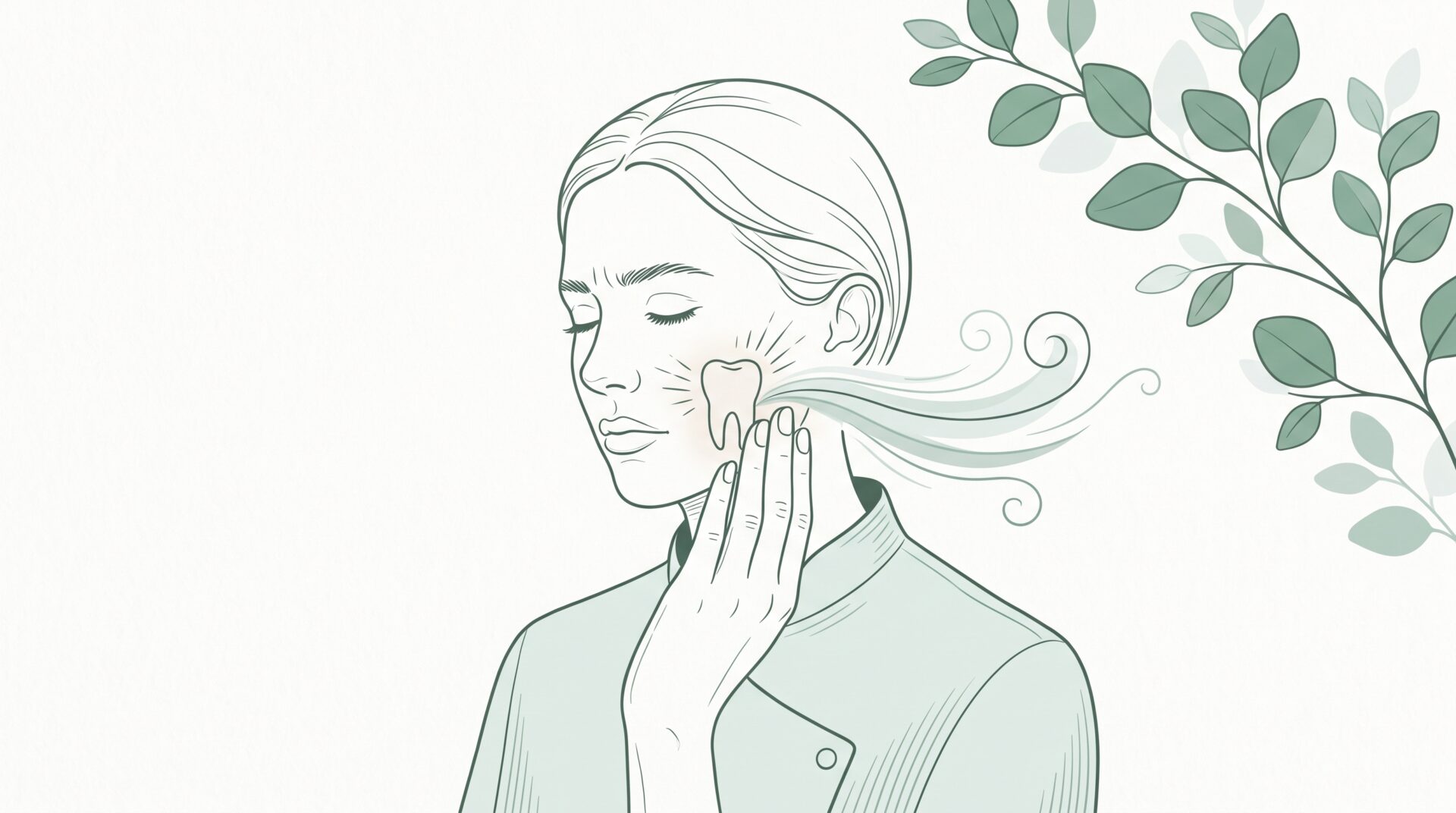 A woman presses her cheek beside a tooth to show toothache, with eucalyptus leaves beside her.