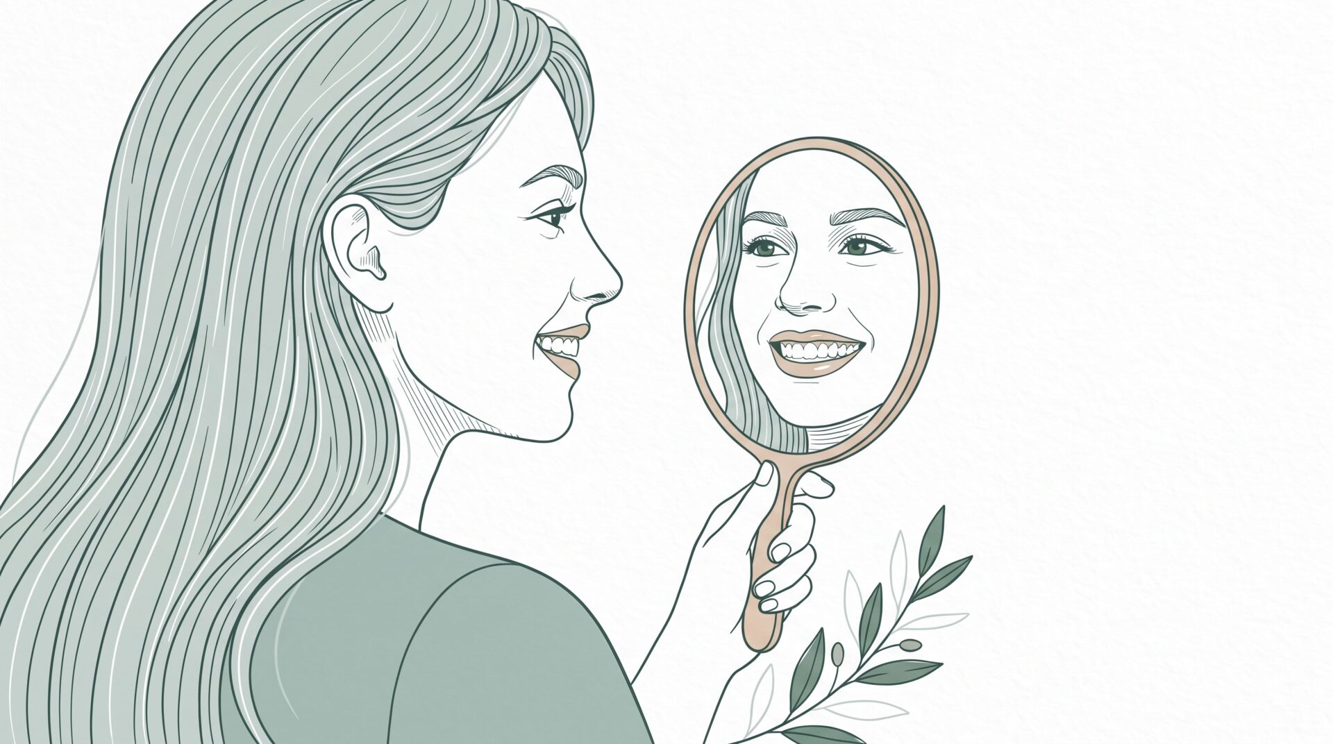 A woman smiles at her reflection in a hand mirror, showing her teeth as she considers dental care for stains.