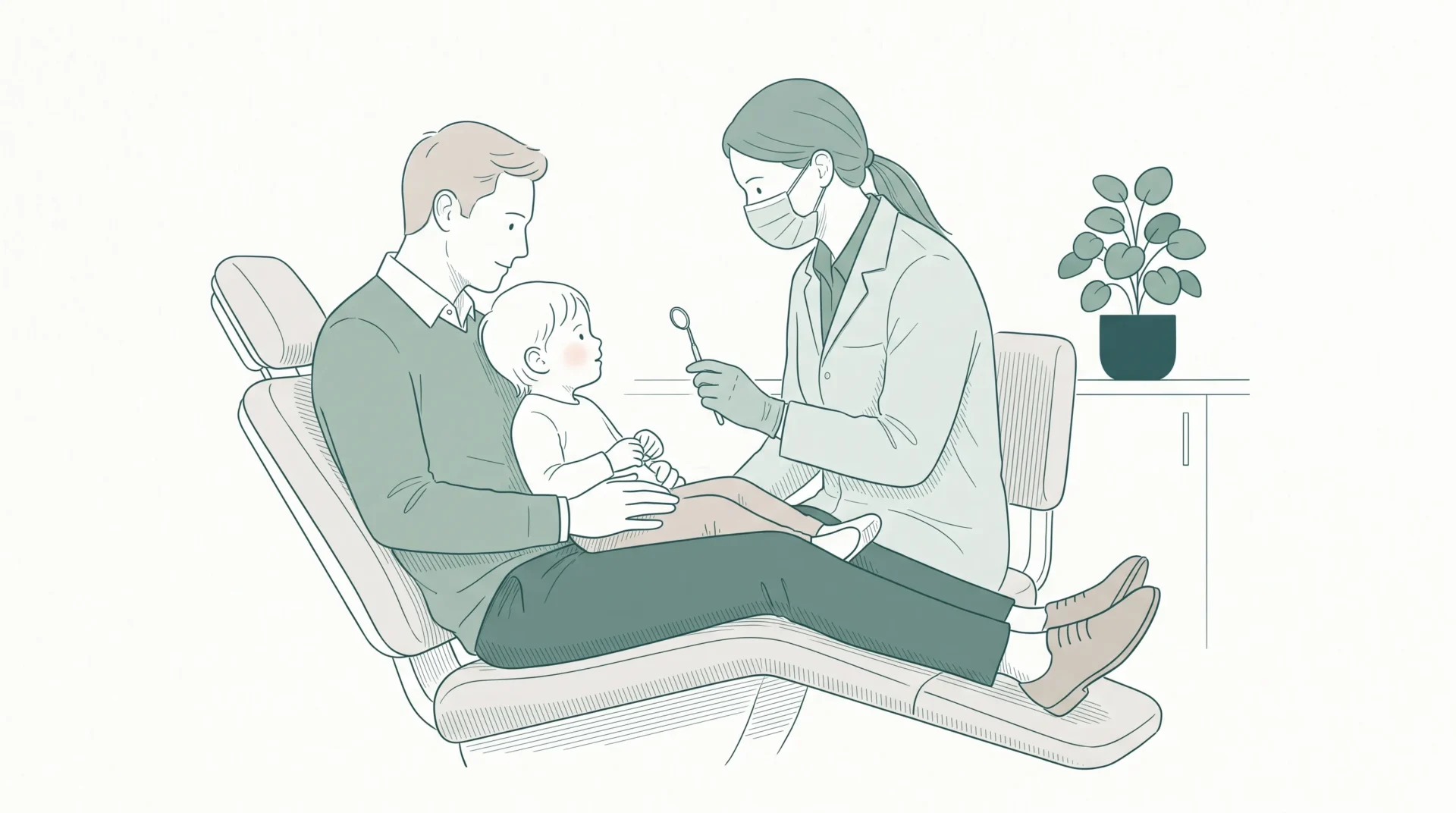 A young child sits on a parent’s lap in a dental chair while the dentist gently demonstrates a small mirror during the first visit.