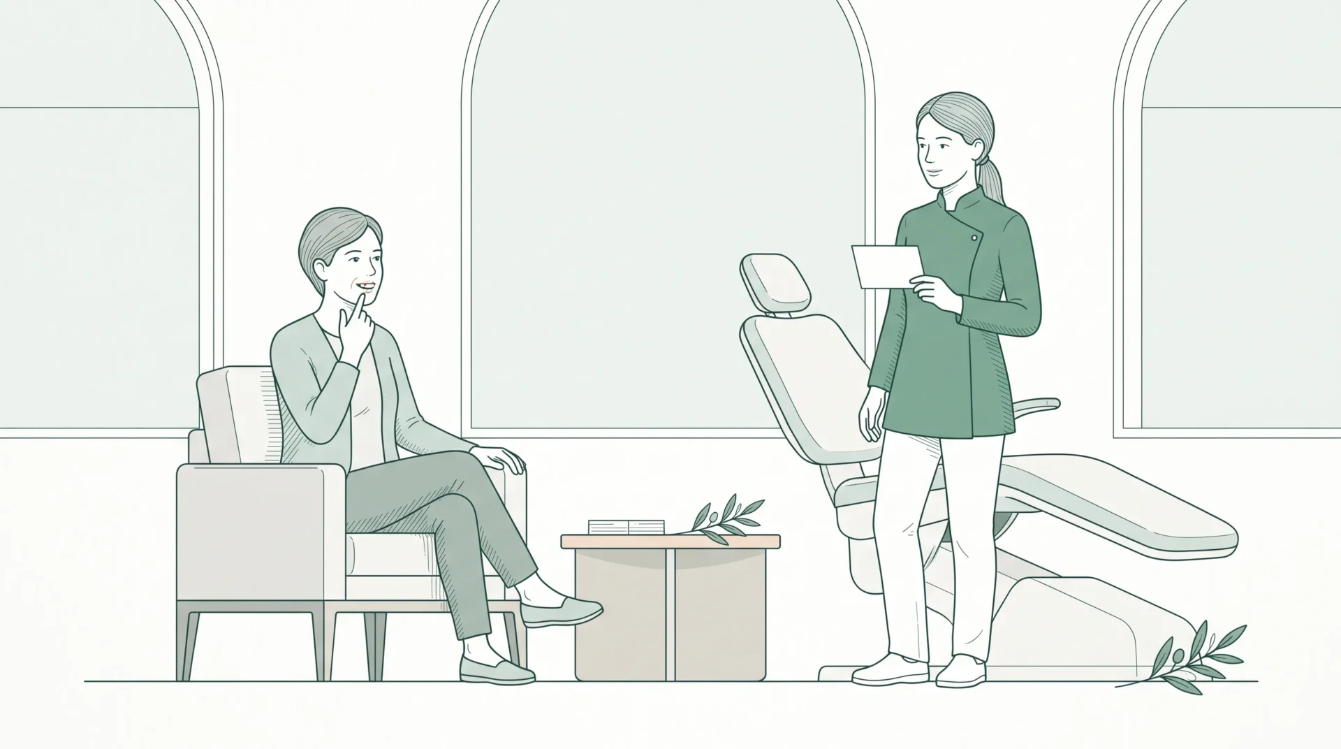 An adult and dentist discuss a chipped front tooth and uneven edges in a calm consultation room.