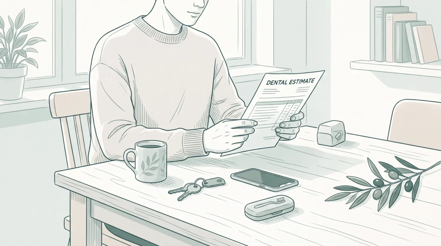 An adult at a kitchen table reviewing a dental cleaning estimate with everyday items nearby.
