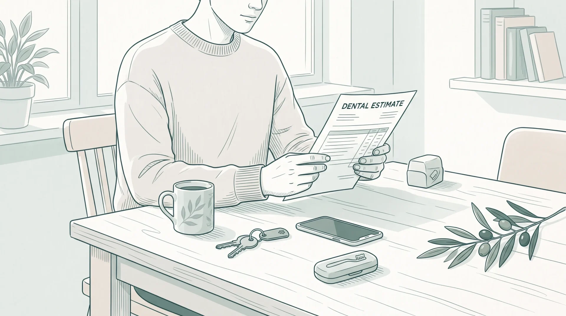 An adult at a kitchen table reviewing a dental cleaning estimate with everyday items nearby.