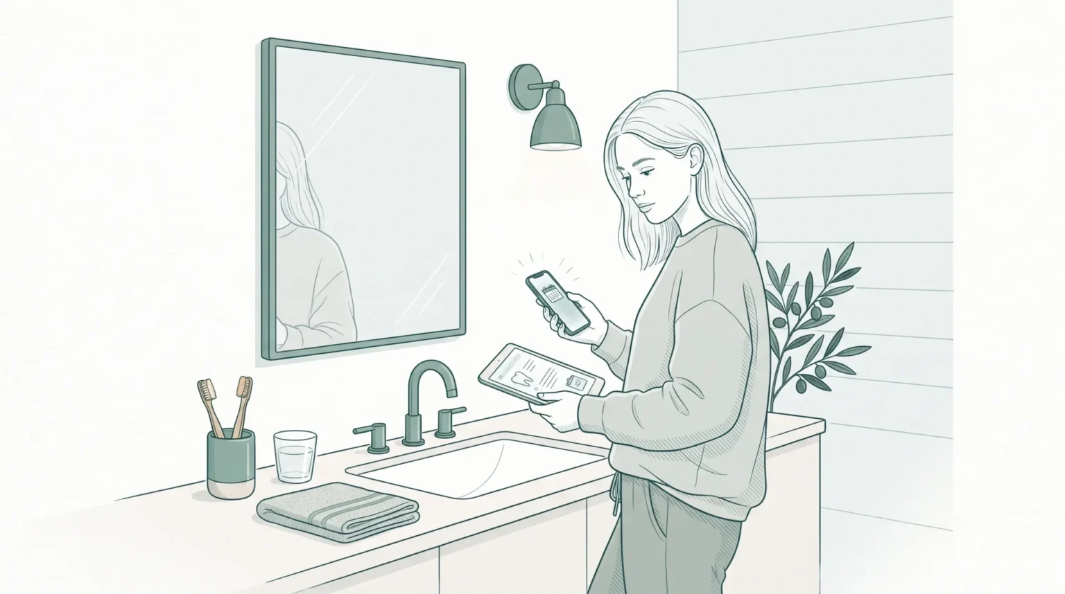 An adult at home checks a dental follow-up on a phone beside the bathroom sink.
